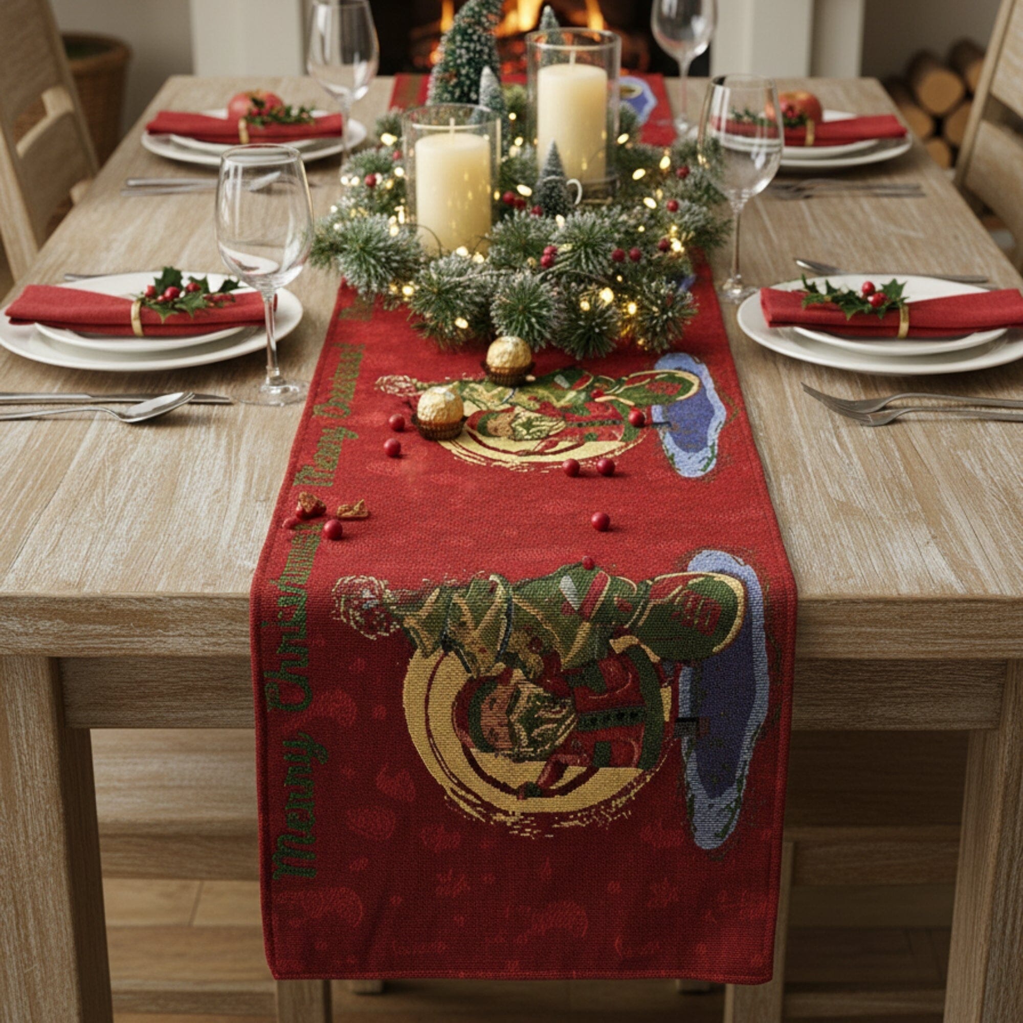 DaDa Bedding Red Santa Claus Christmas Tree Woven Tapestry Dining Table Runner (17615)