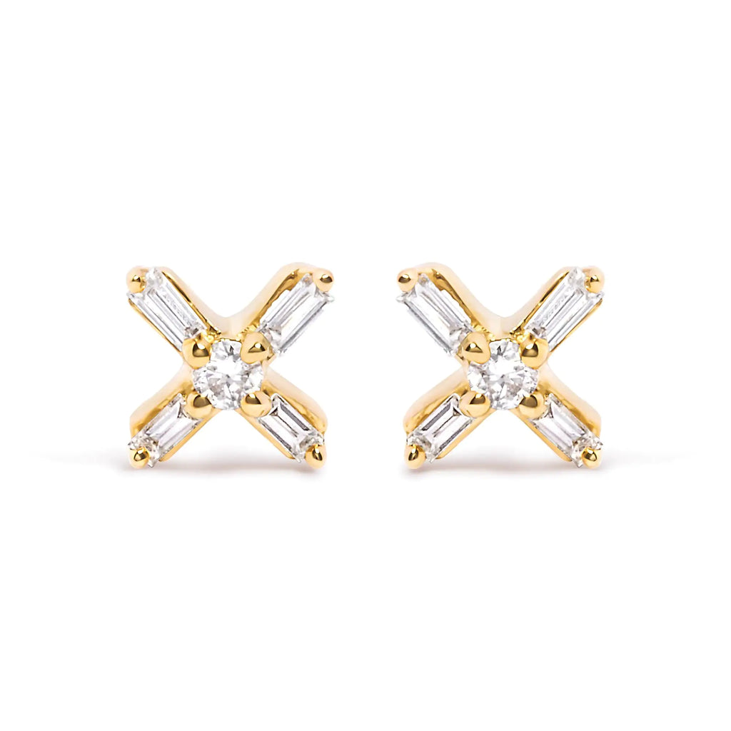 Style Loft Collection 10K Yellow Gold 1/10 Ctw Round and Baguette Diamond Criss Cross X Stud Earring (H-I Color, I1-I2 Clarity)