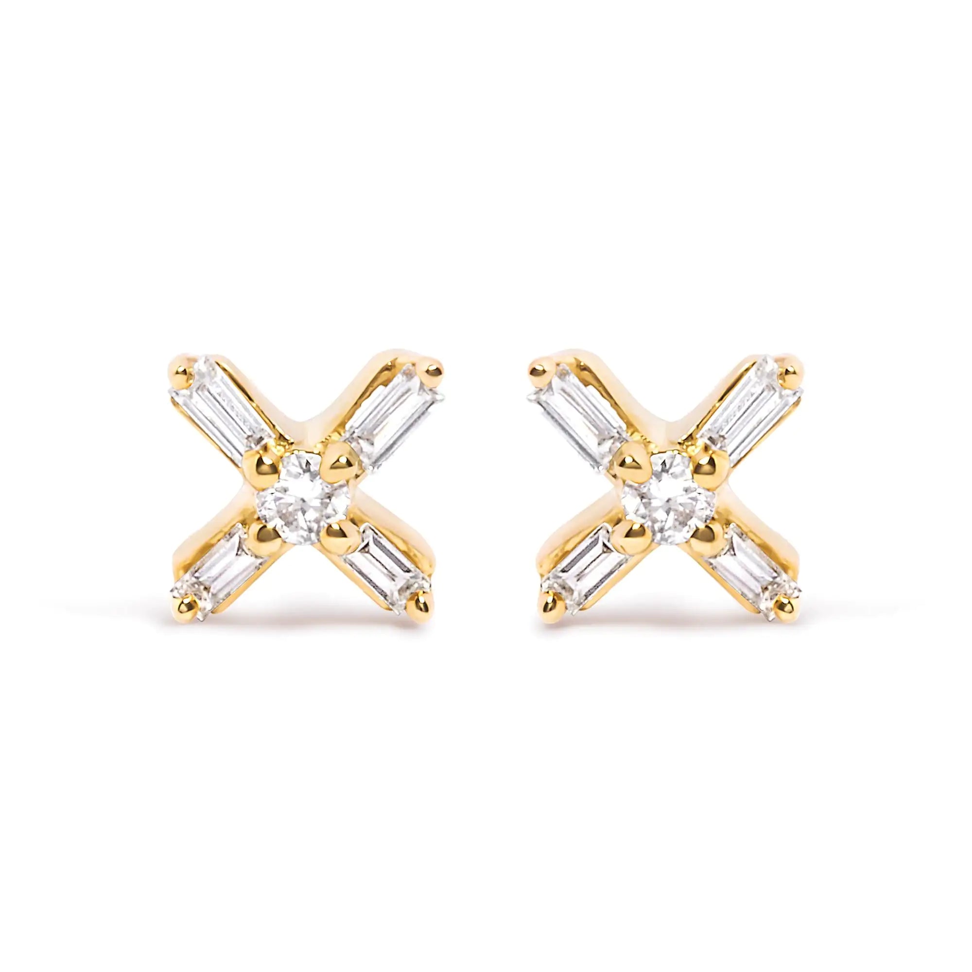 Style Loft Collection 10K Yellow Gold 1/10 Ctw Round and Baguette Diamond Criss Cross X Stud Earring (H-I Color, I1-I2 Clarity)