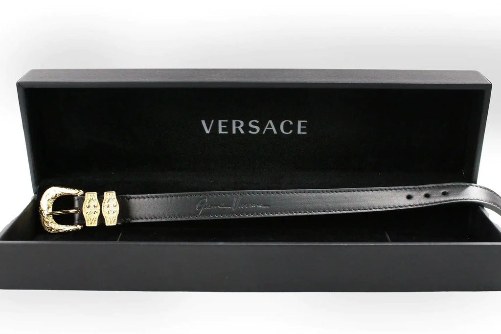 Style Loft Collection x Versace Medusa Western Black Leather Gold Brass Buckle Bracelet
