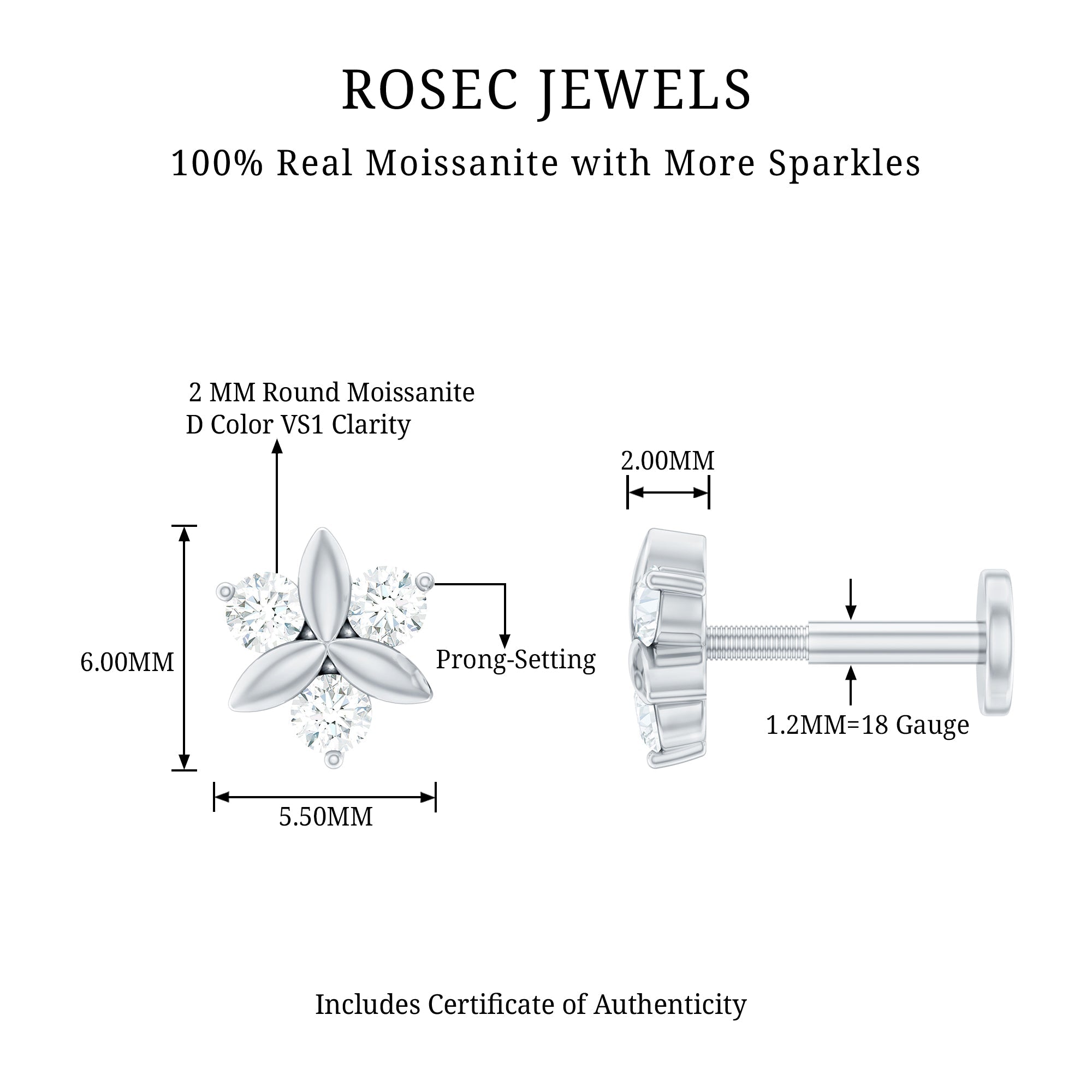 Round Moissanite Flower Cartilage Earring in Gold