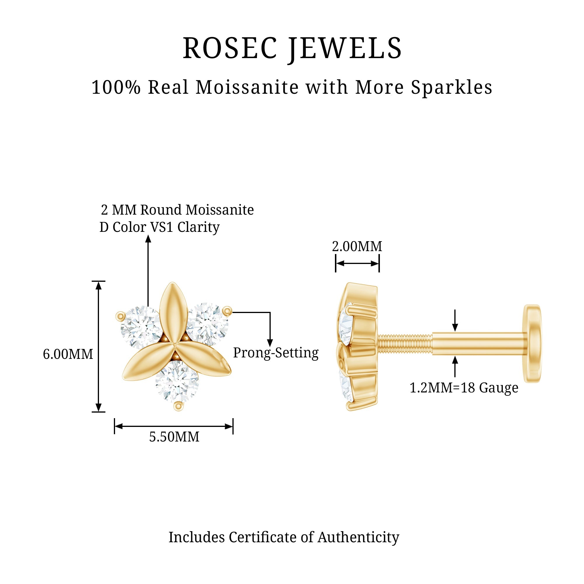 Round Moissanite Flower Cartilage Earring in Gold