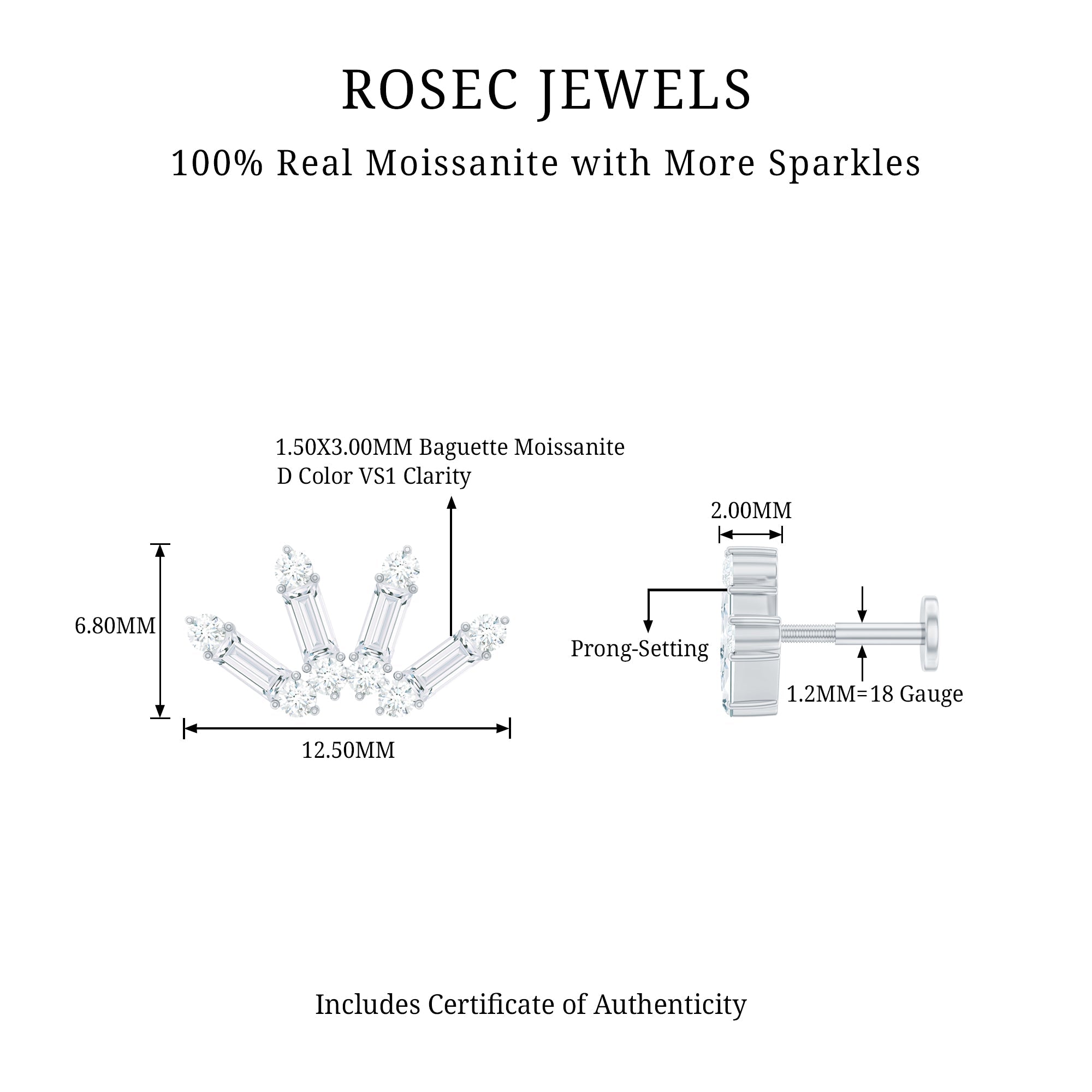 Baguette Moissanite Curved Cartilage Earring