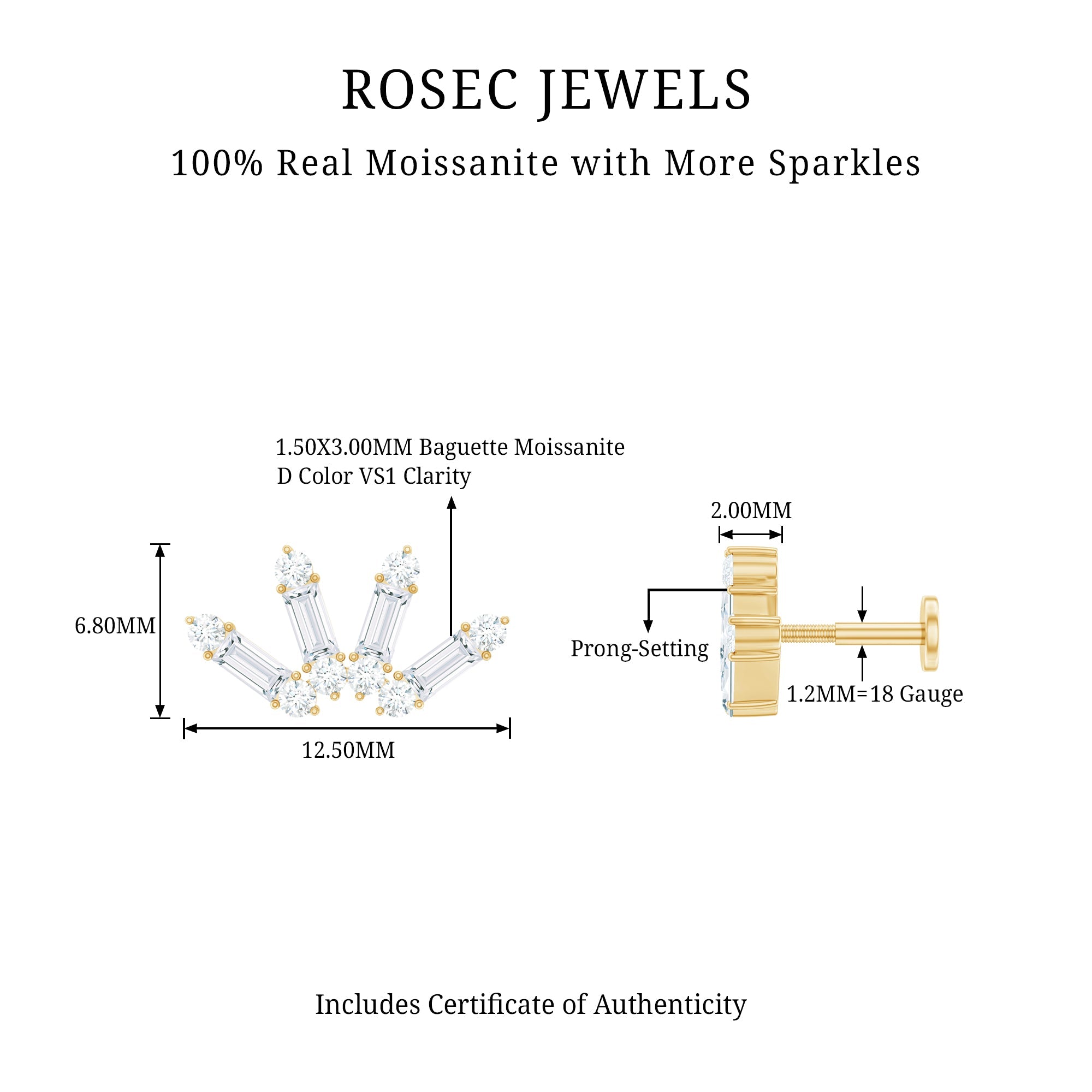 Baguette Moissanite Curved Cartilage Earring