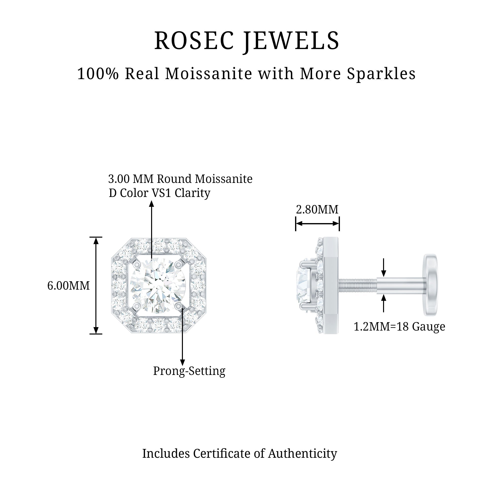 Certified Moissanite Halo Earring for Helix Piercing