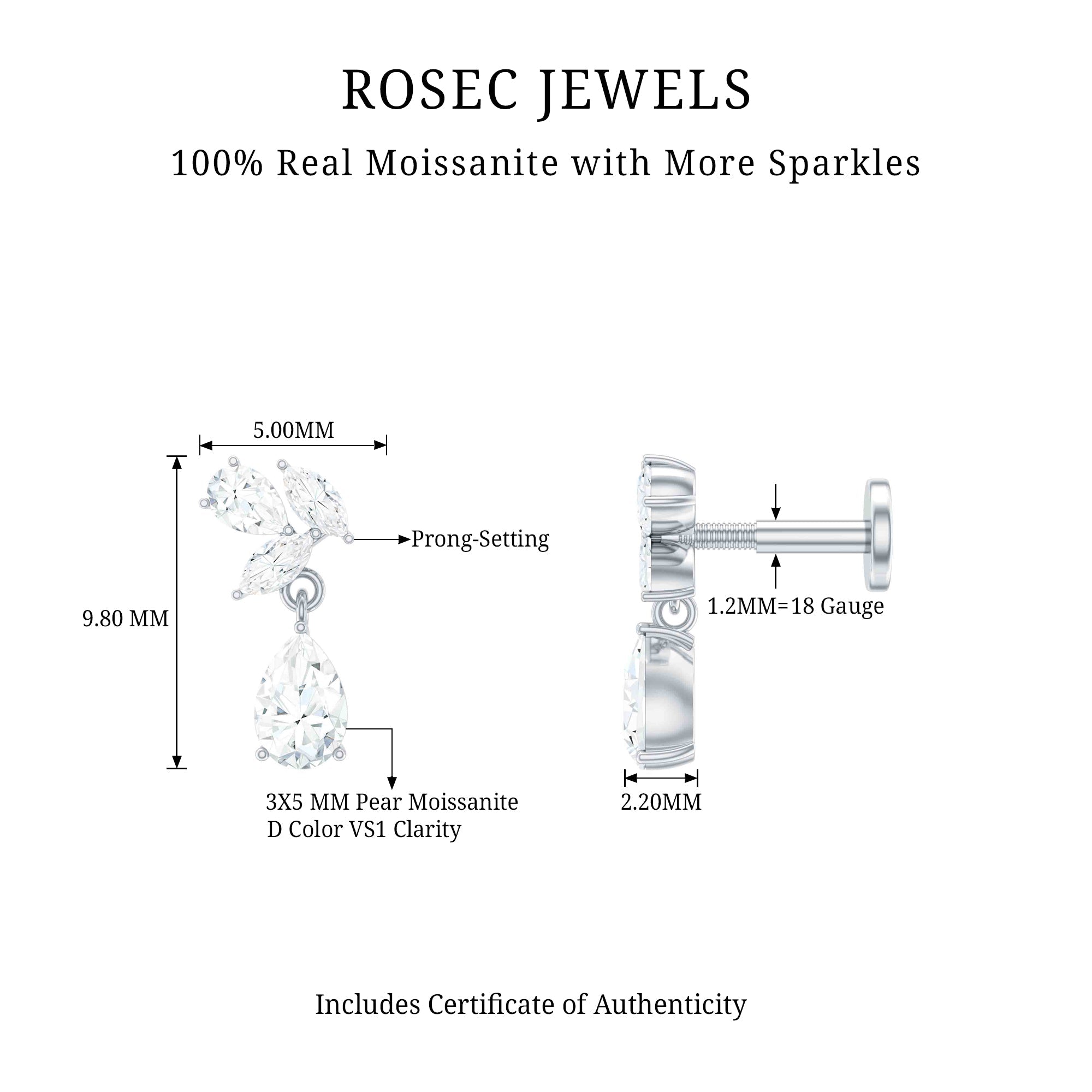 Marquise and Pear Moissanite Cluster Drop Cartilage Earring