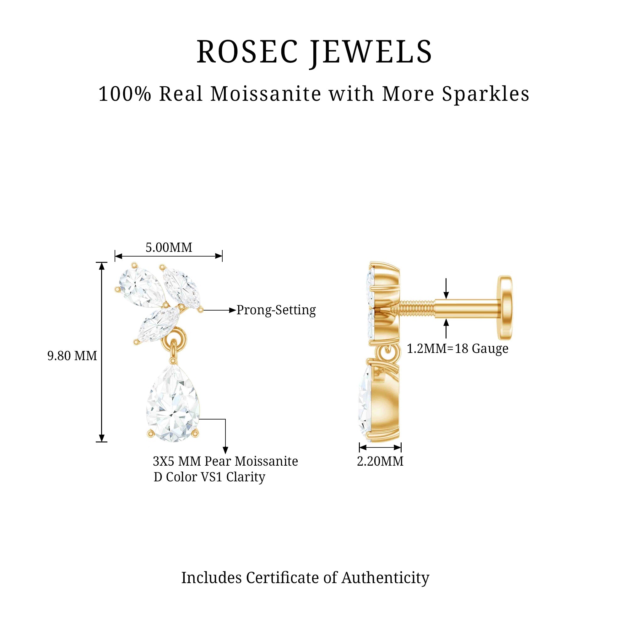 Marquise and Pear Moissanite Cluster Drop Cartilage Earring