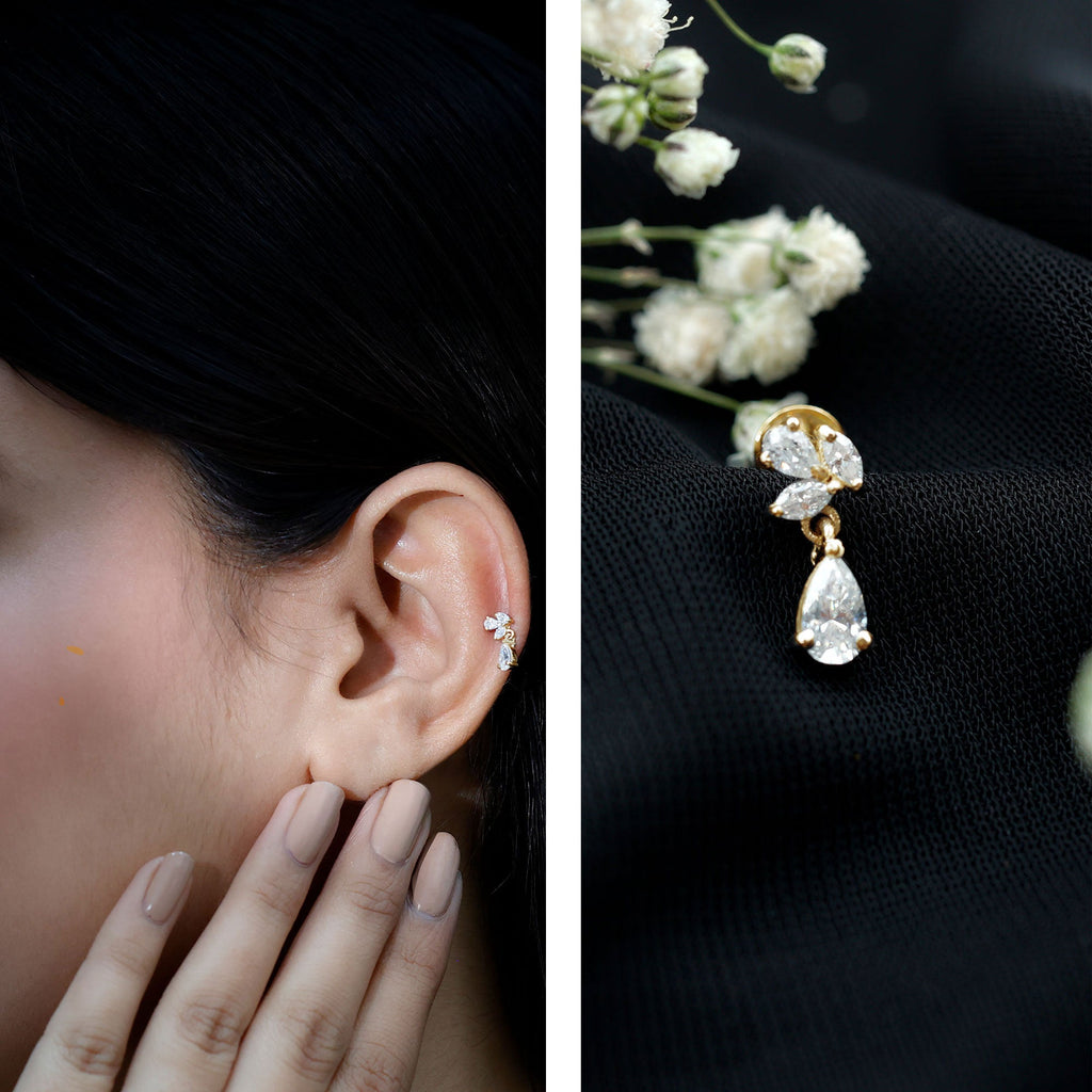 Marquise and Pear Moissanite Cluster Drop Cartilage Earring