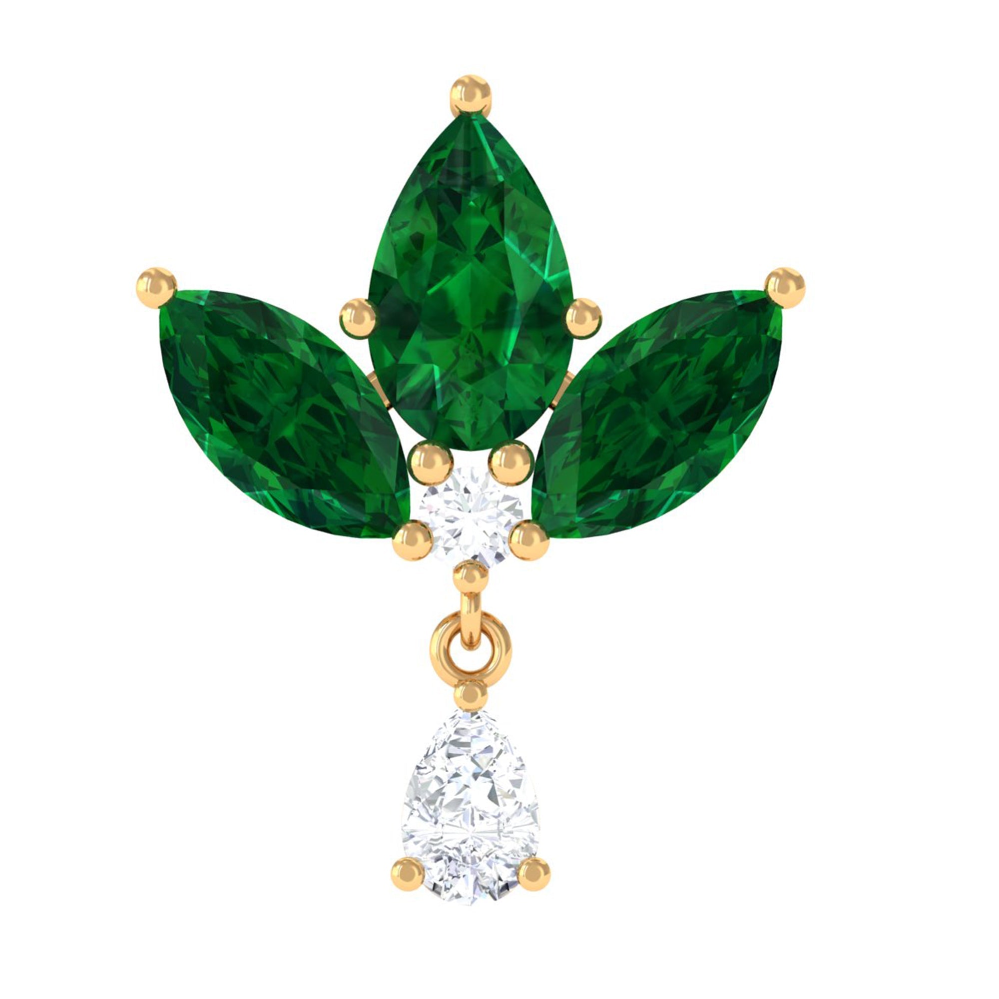 Created Emerald Flower Earring with Teardrop Moissanite