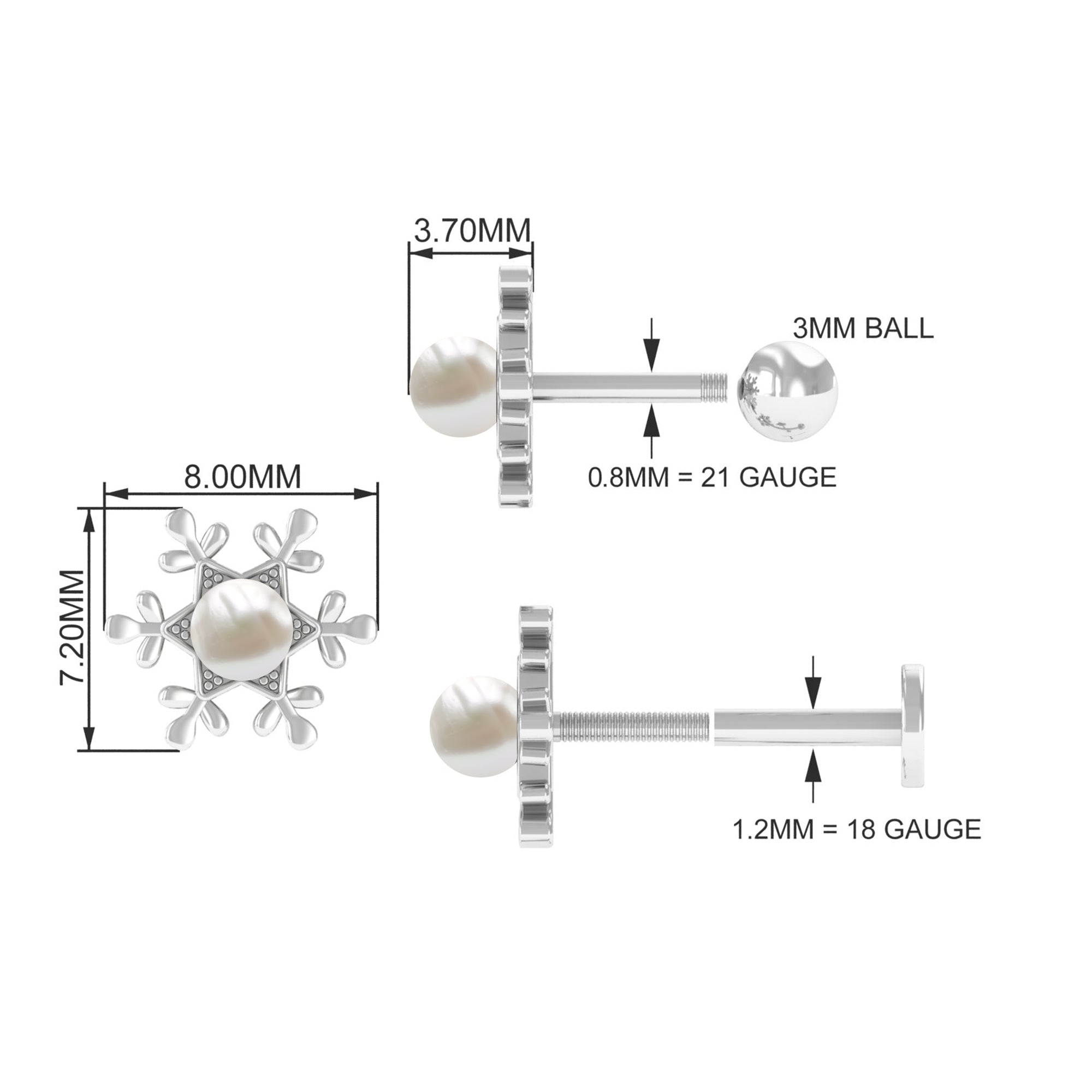 Pearl Solitaire Snowflake Earring for Helix Piercing