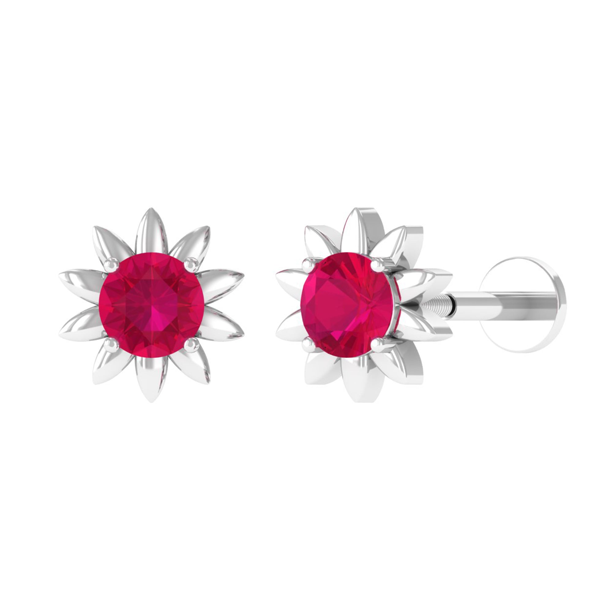 Red Ruby Flower Earring for Cartilage Piercing