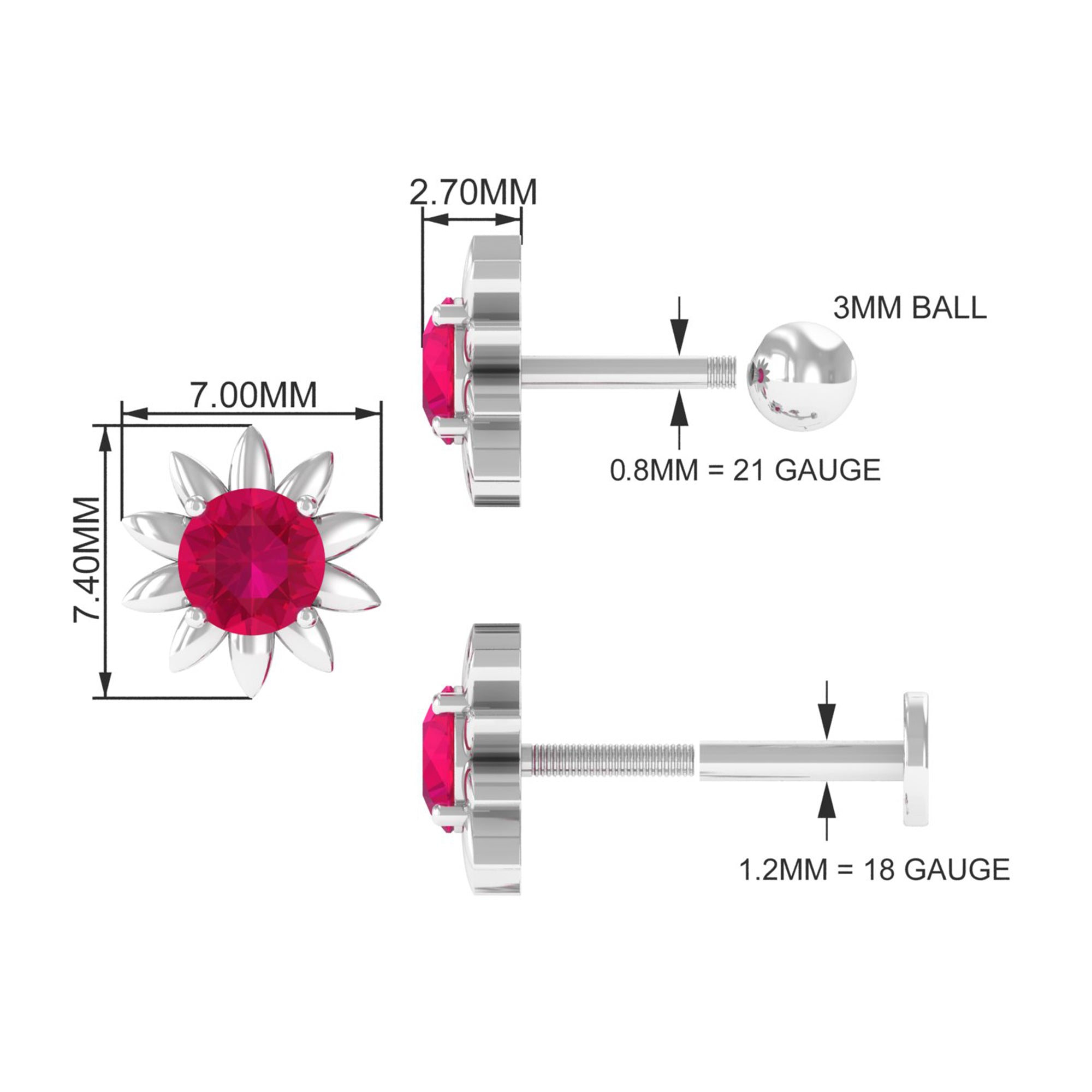 Red Ruby Flower Earring for Cartilage Piercing