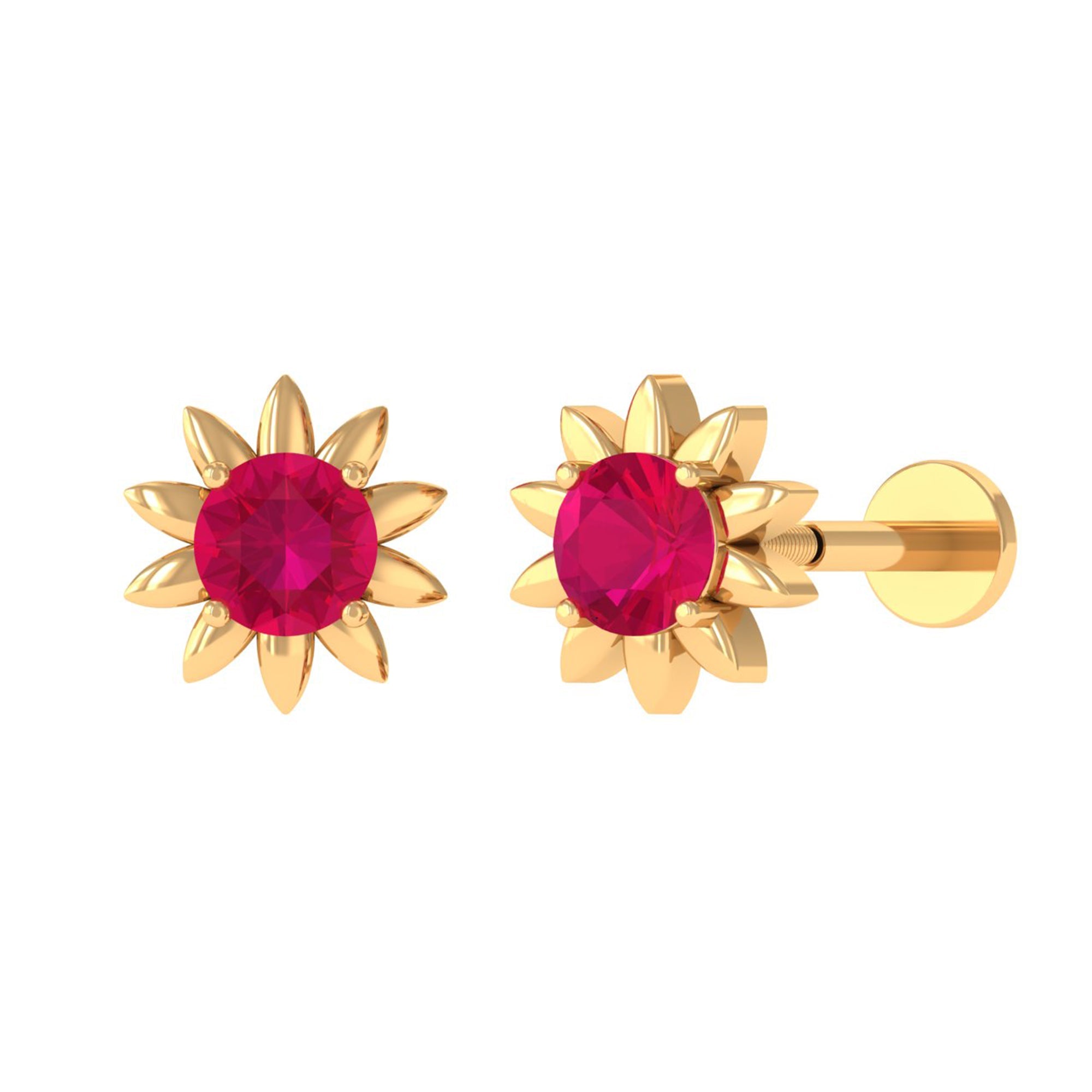 Red Ruby Flower Earring for Cartilage Piercing
