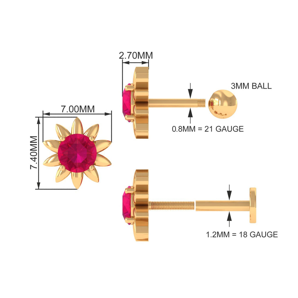 Red Ruby Flower Earring for Cartilage Piercing