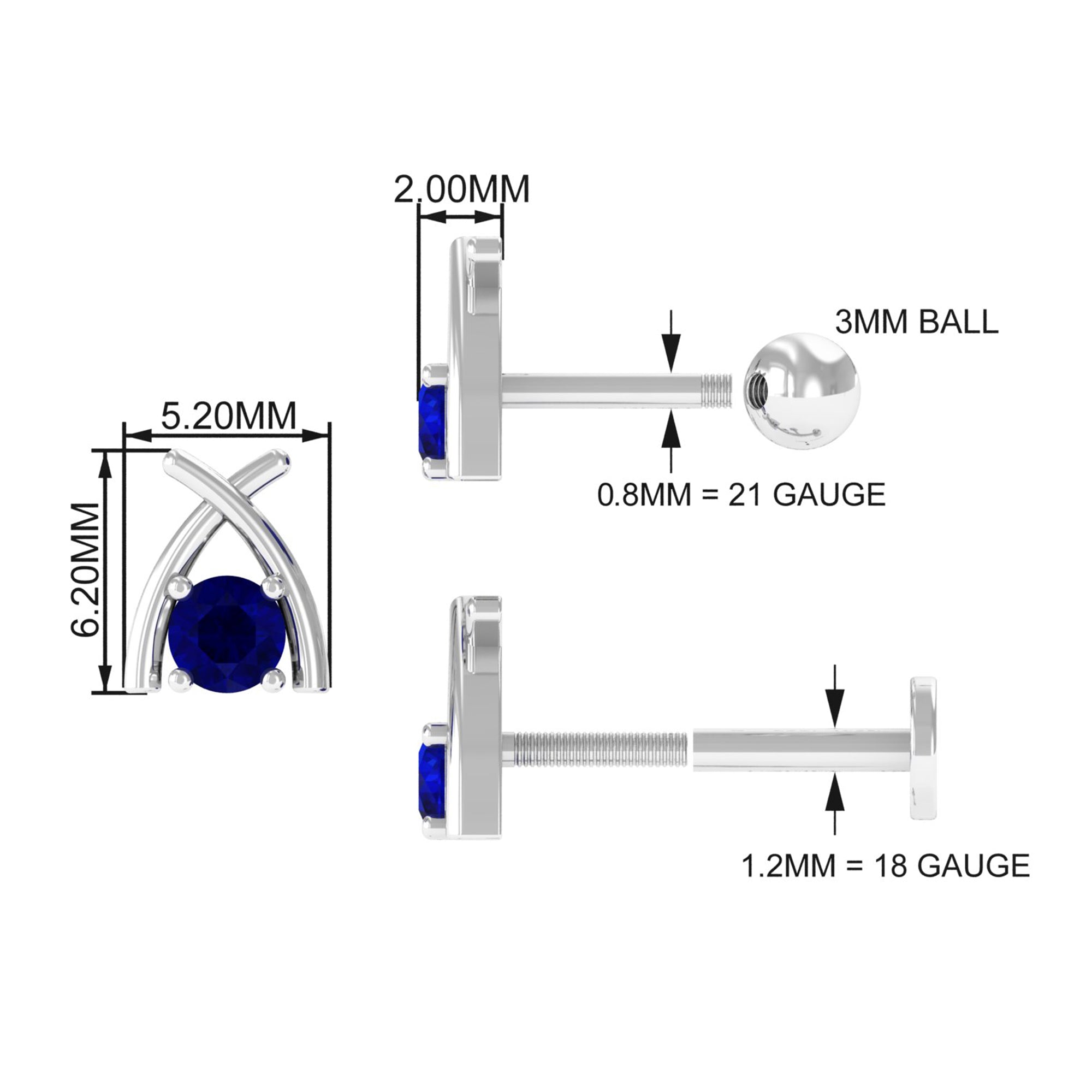 Minimal Blue Sapphire Solitaire Earring for Helix Piercing