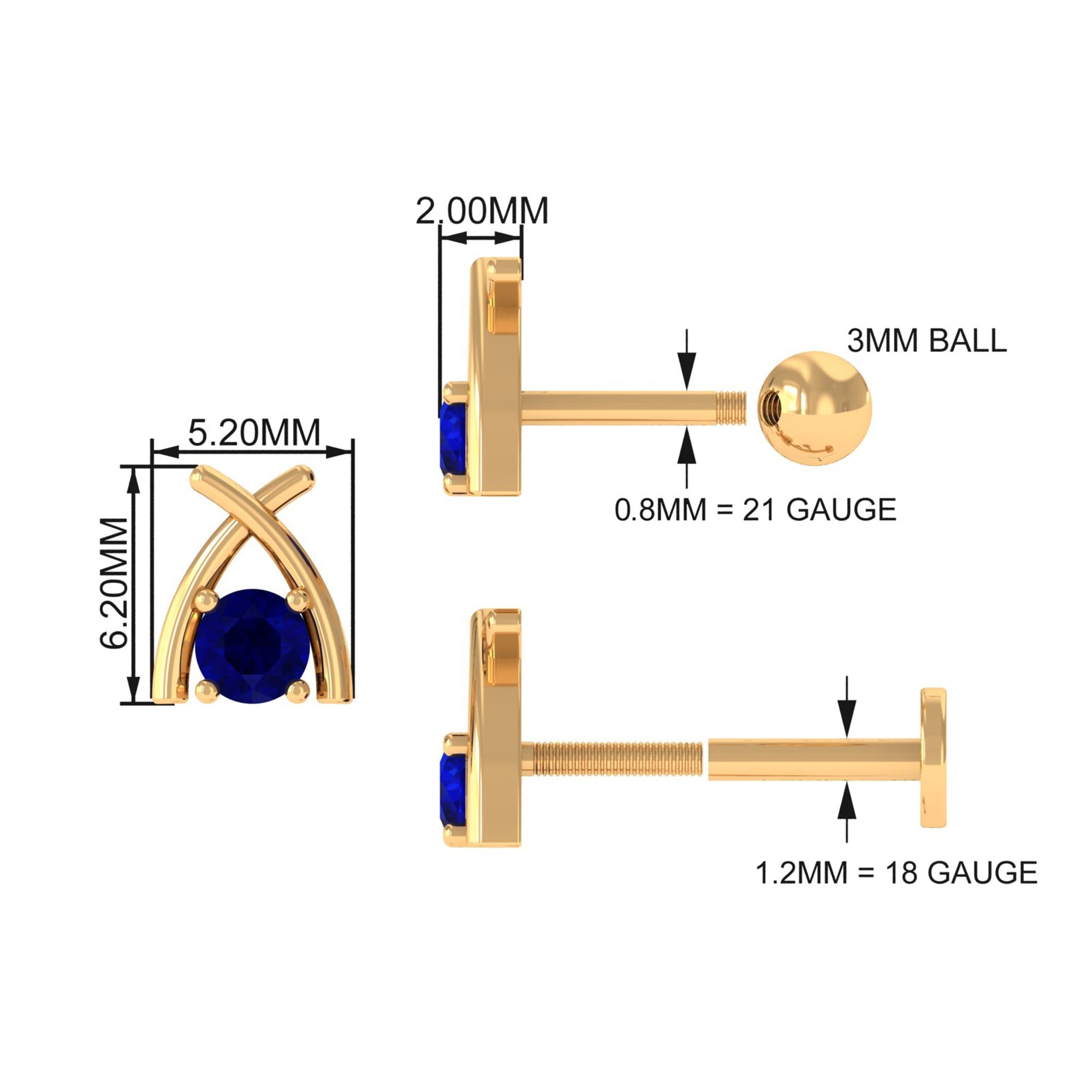 Minimal Blue Sapphire Solitaire Earring for Helix Piercing