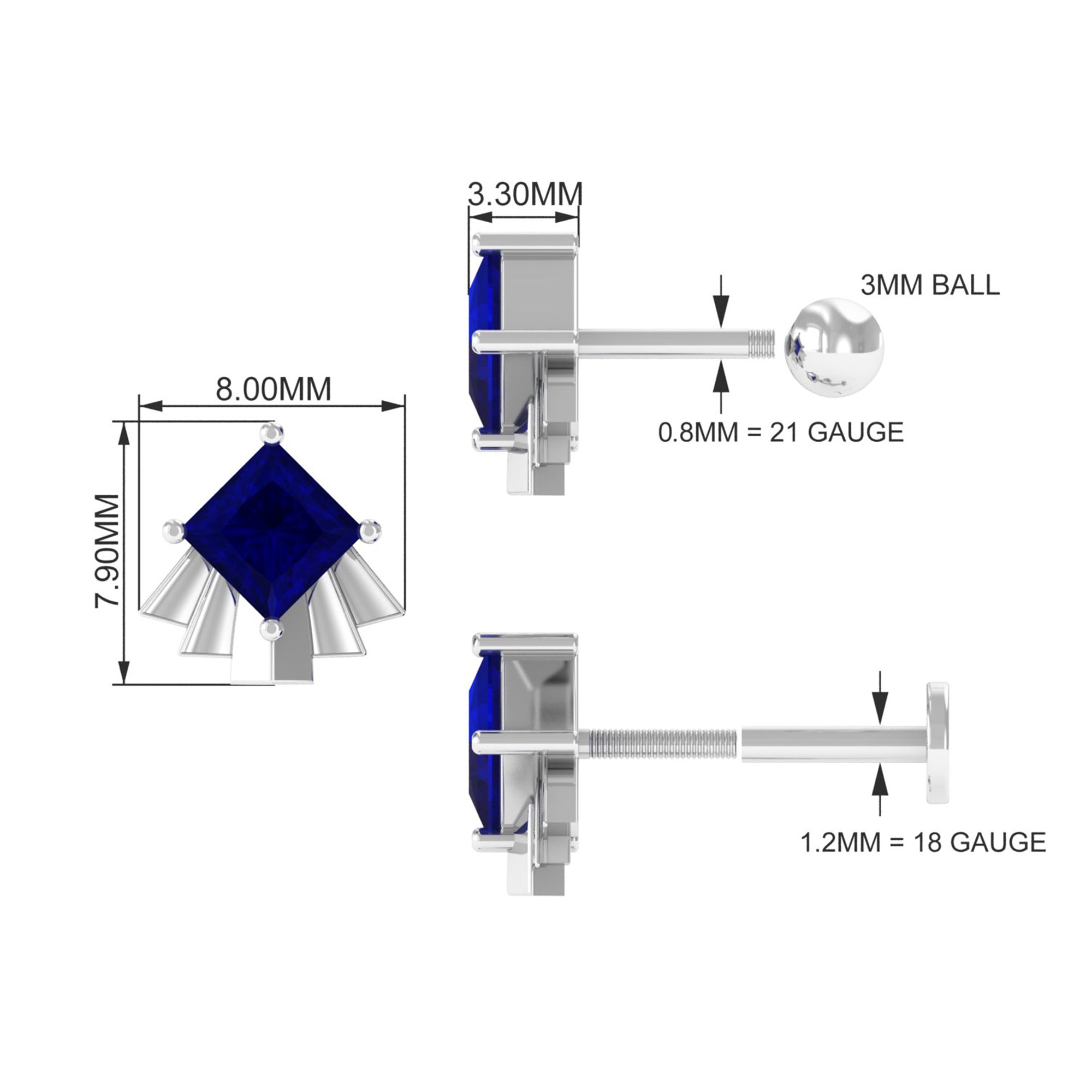 Real Blue Sapphire Solitaire Cartilage Earring