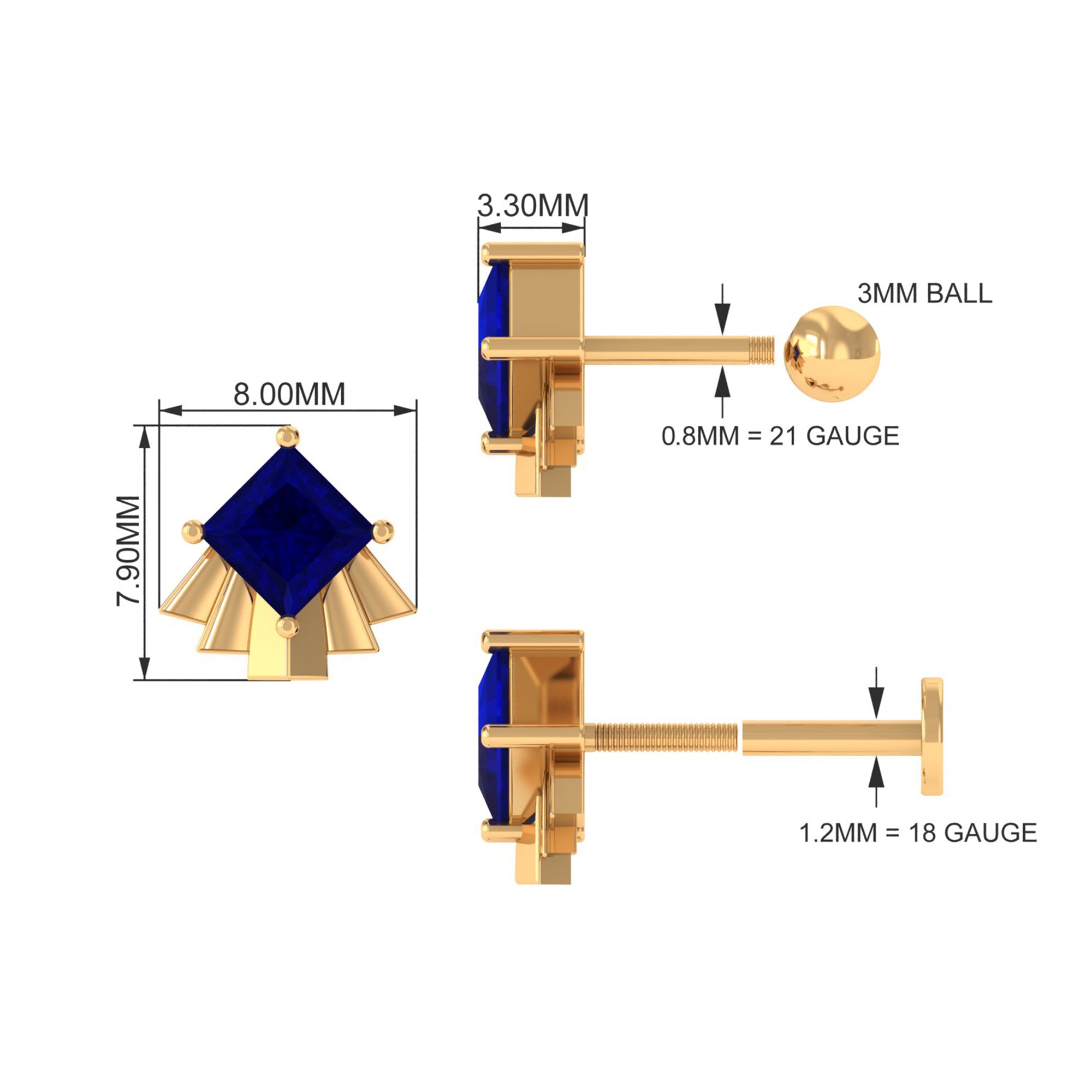 Real Blue Sapphire Solitaire Cartilage Earring