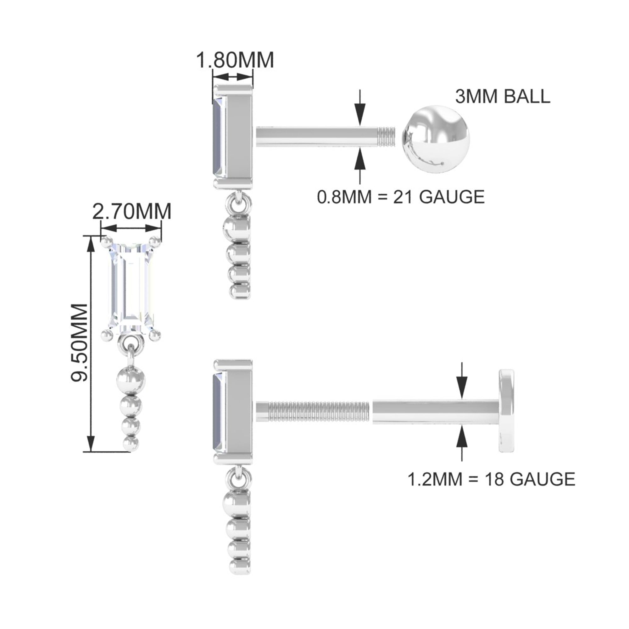 Baguette Diamond Cartilage Drop Earring