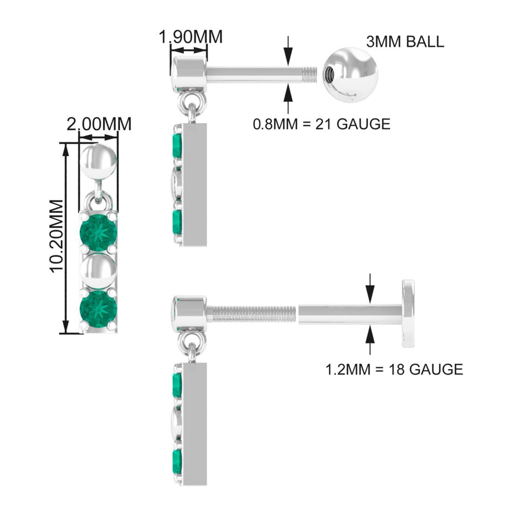 Simple Emerald Bar Drop Earring for Cartilage Piercing