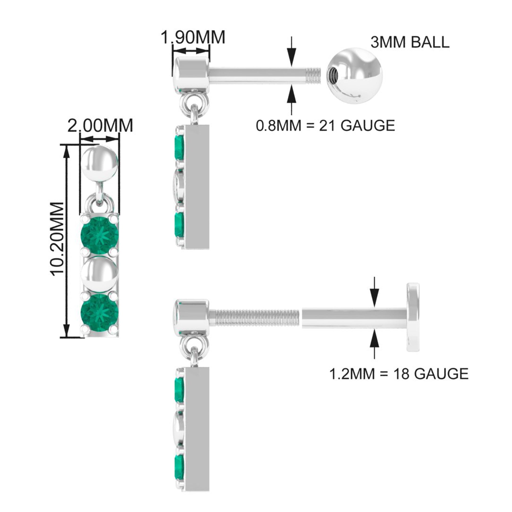 Simple Emerald Bar Drop Earring for Cartilage Piercing
