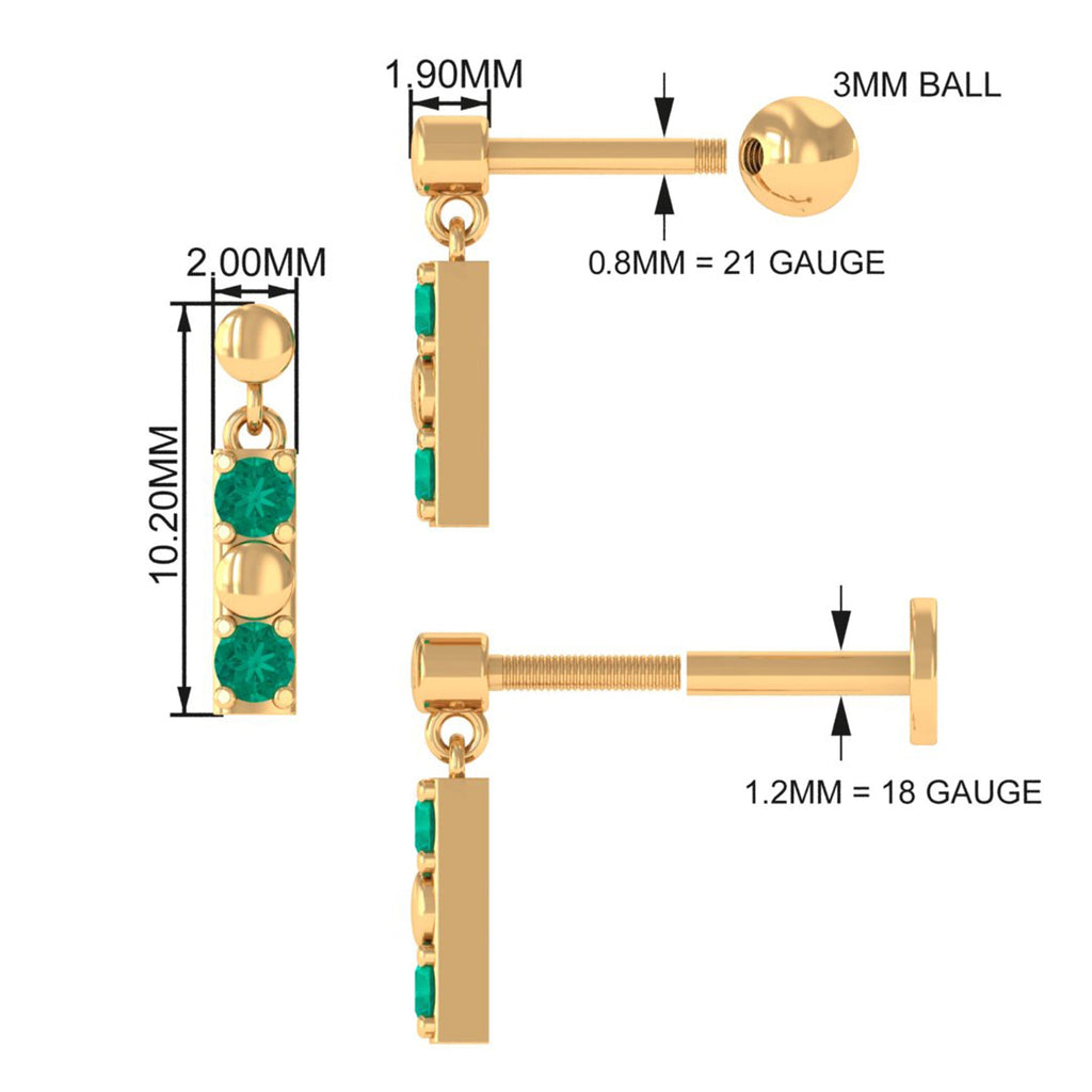 Simple Emerald Bar Drop Earring for Cartilage Piercing