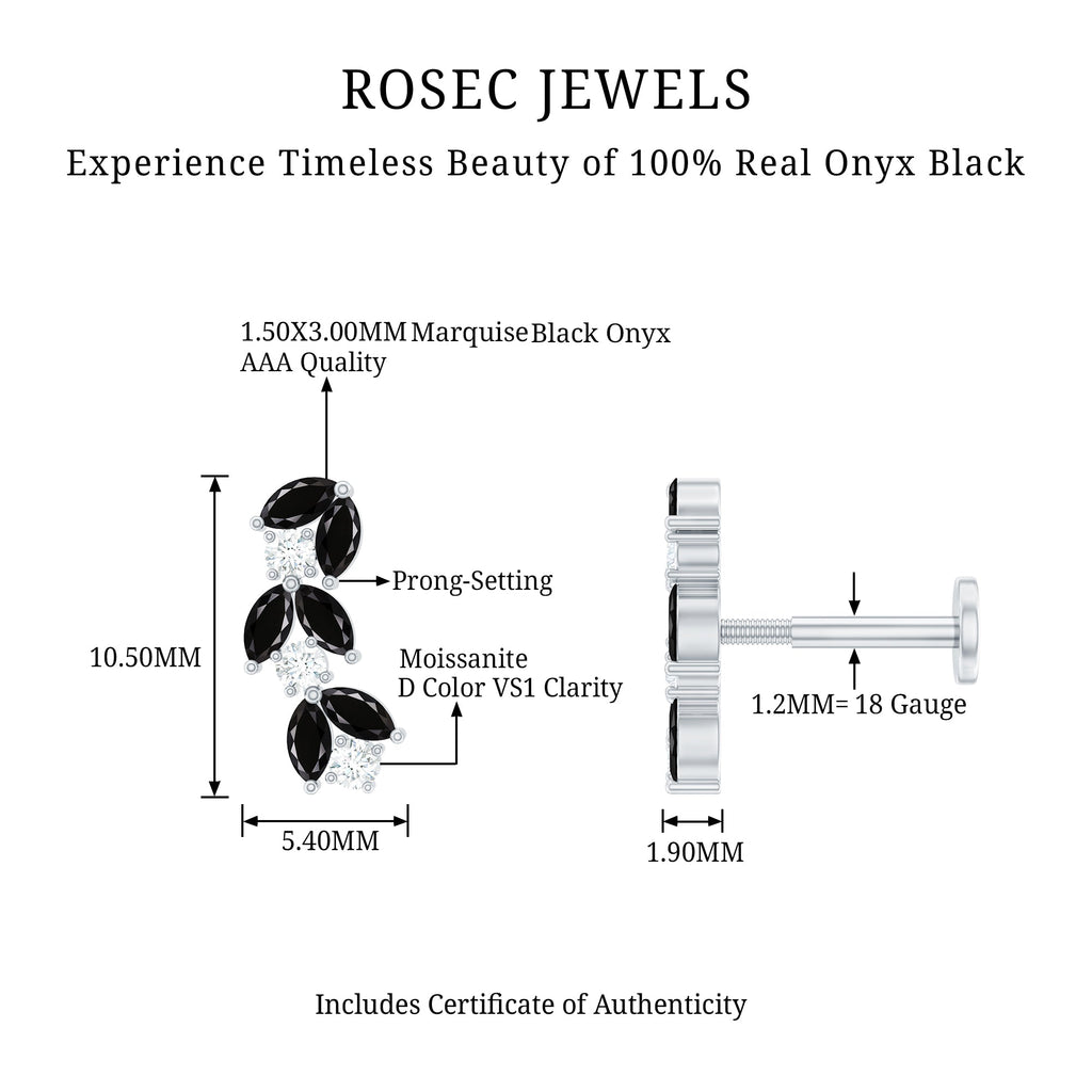 Marquise Black Onyx and Moissanite Leaf Ear Crawler Earring