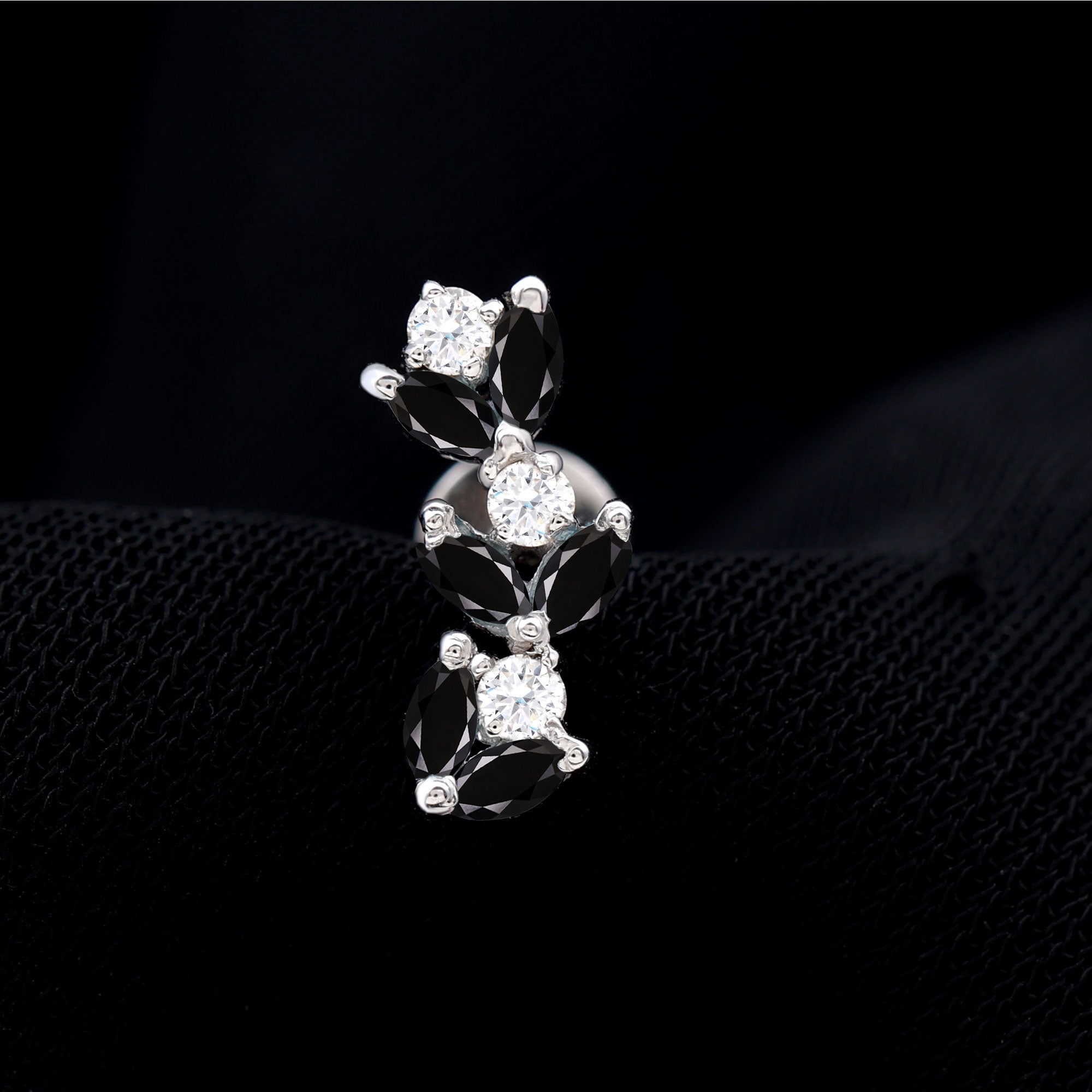 Marquise Black Onyx and Moissanite Leaf Ear Crawler Earring