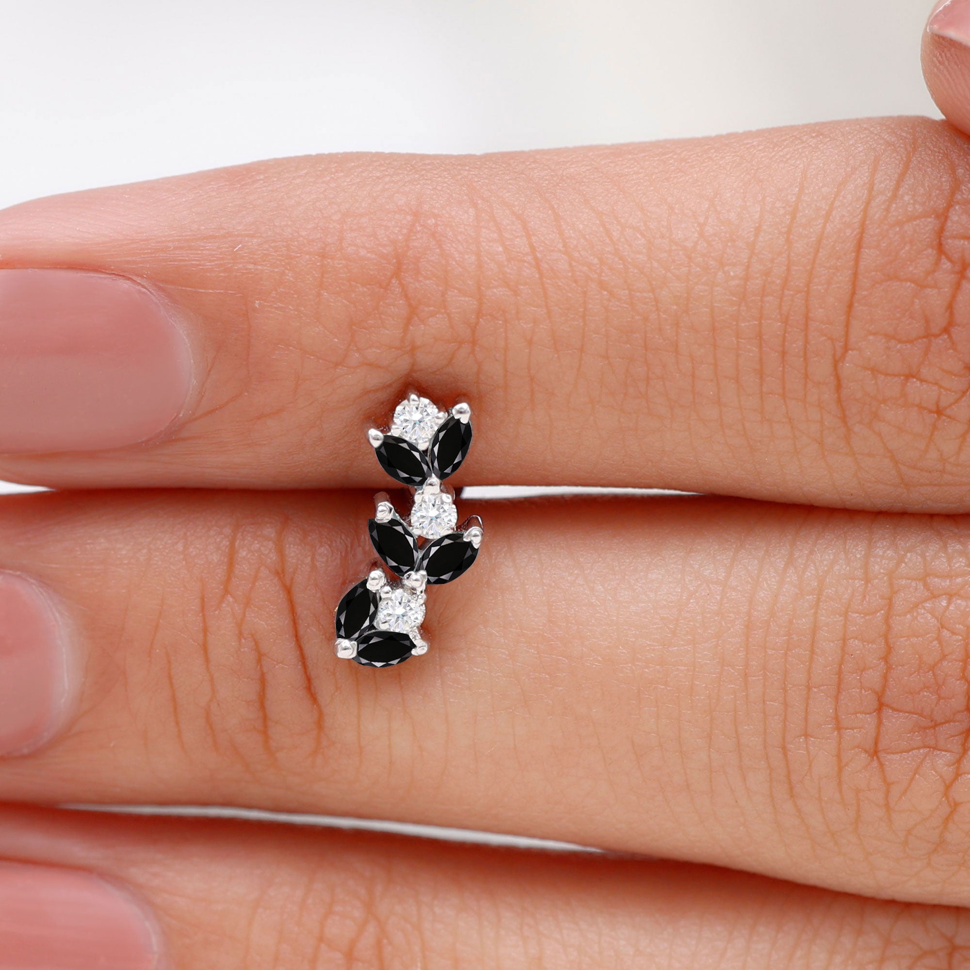 Marquise Black Onyx and Moissanite Leaf Ear Crawler Earring