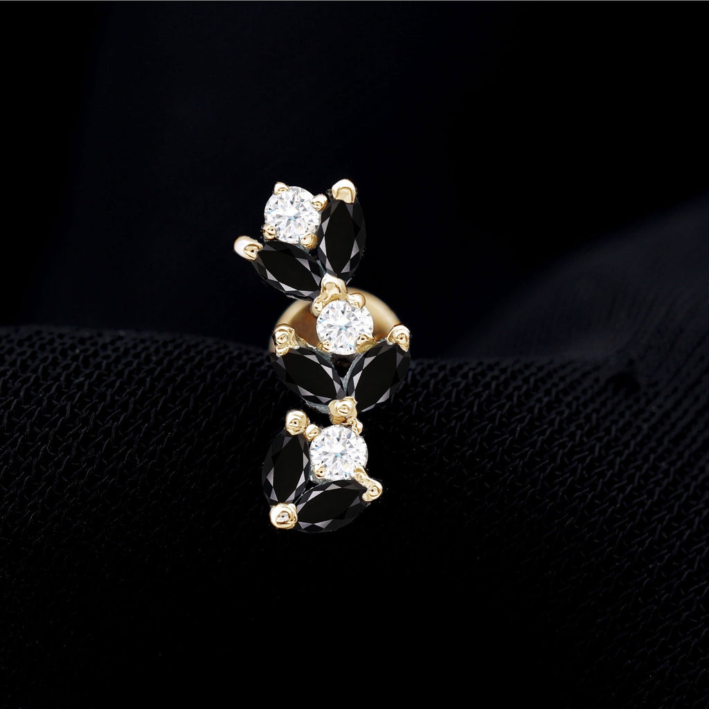 Marquise Black Onyx and Moissanite Leaf Ear Crawler Earring