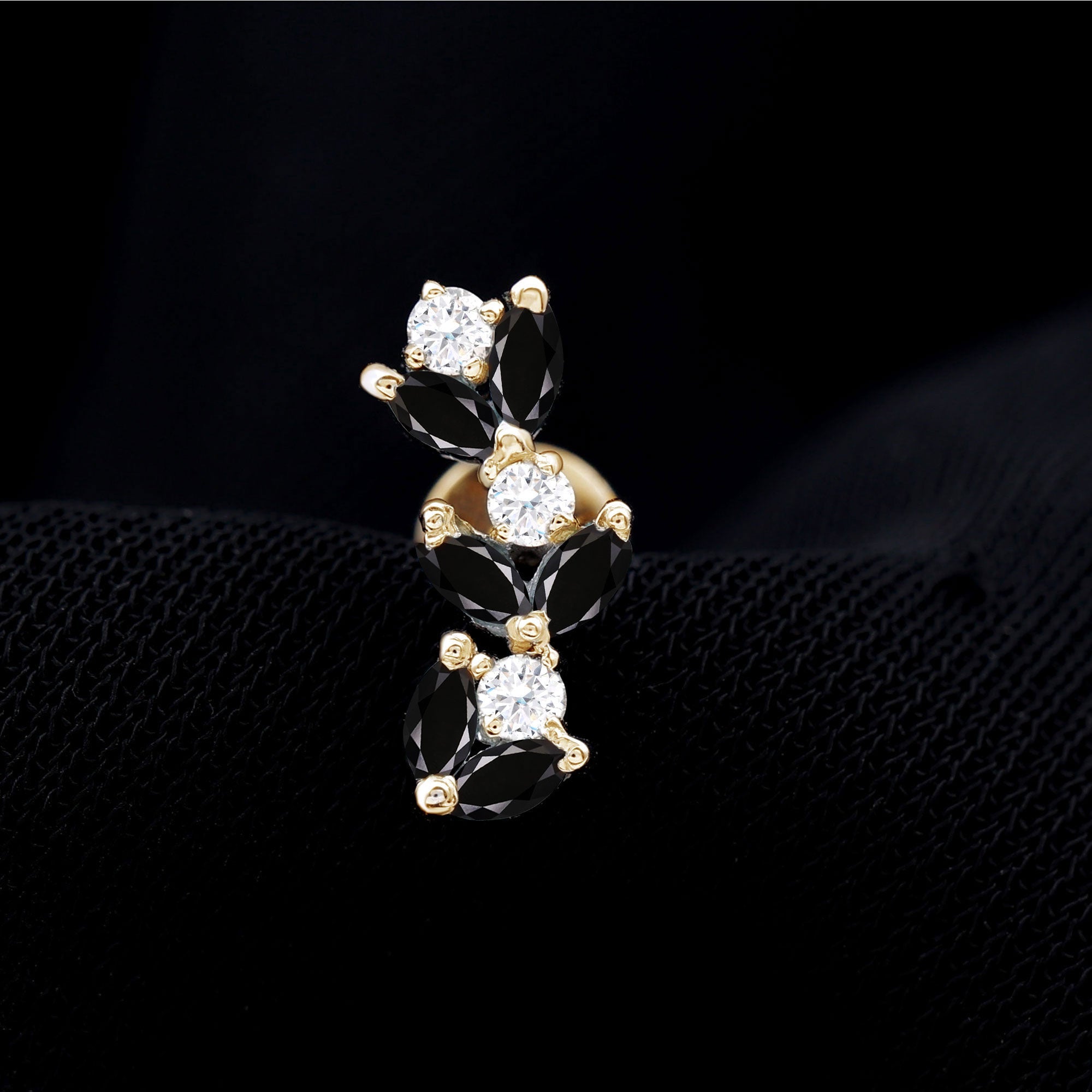 Marquise Black Onyx and Moissanite Leaf Ear Crawler Earring