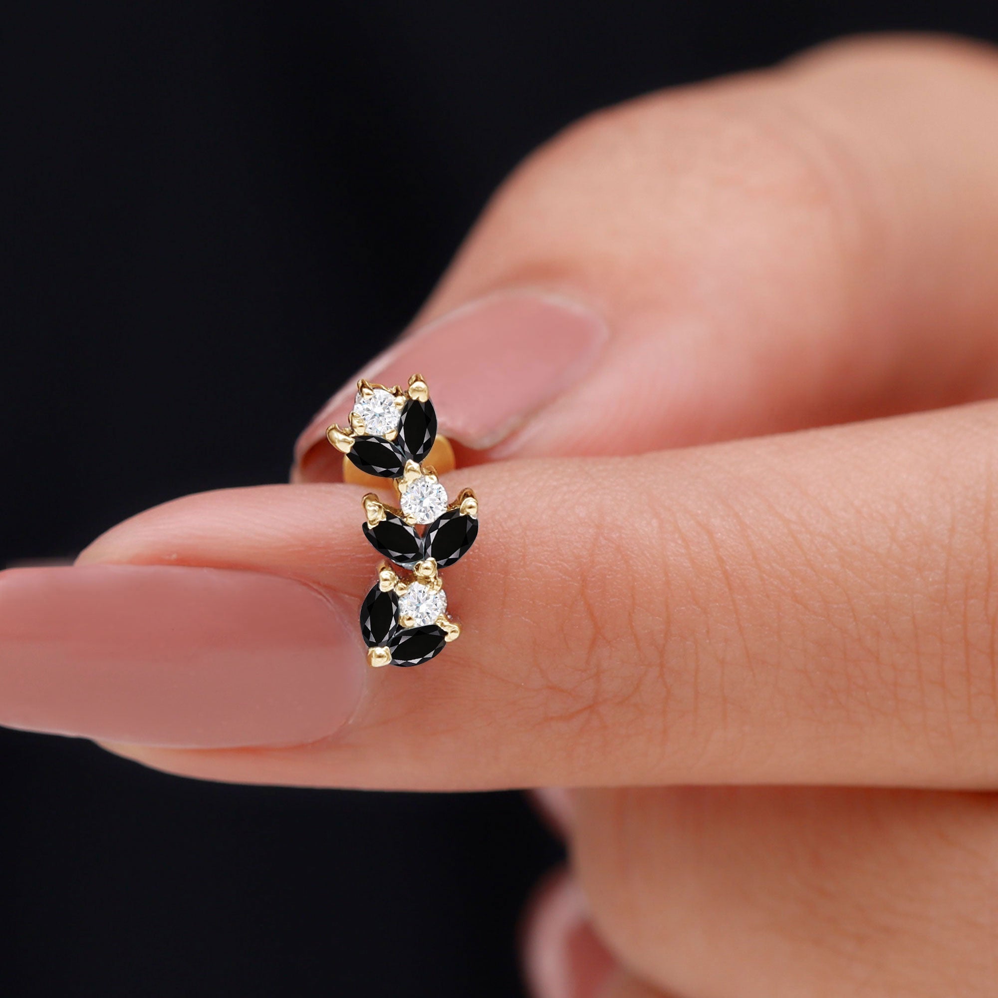 Marquise Black Onyx and Moissanite Leaf Ear Crawler Earring