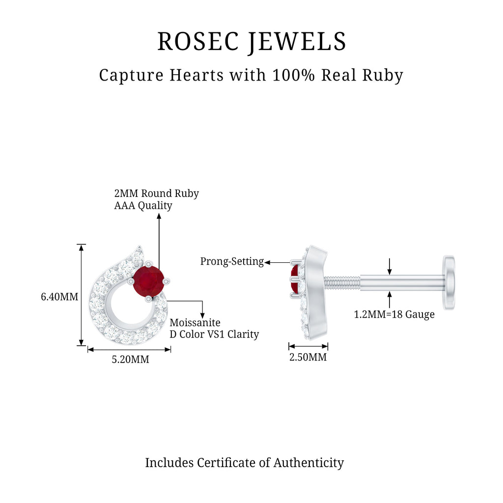 Round Ruby and Moissanite Unique Helix Earring