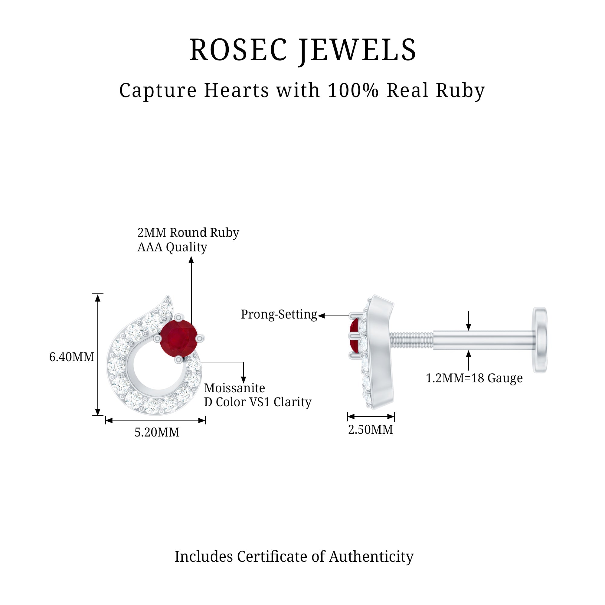 Round Ruby and Moissanite Unique Helix Earring
