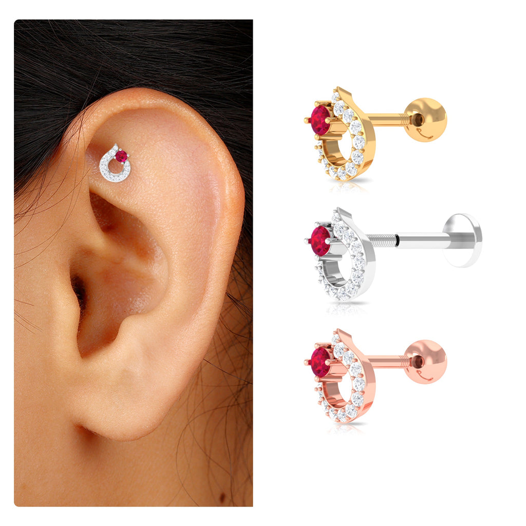 Round Ruby and Moissanite Unique Helix Earring