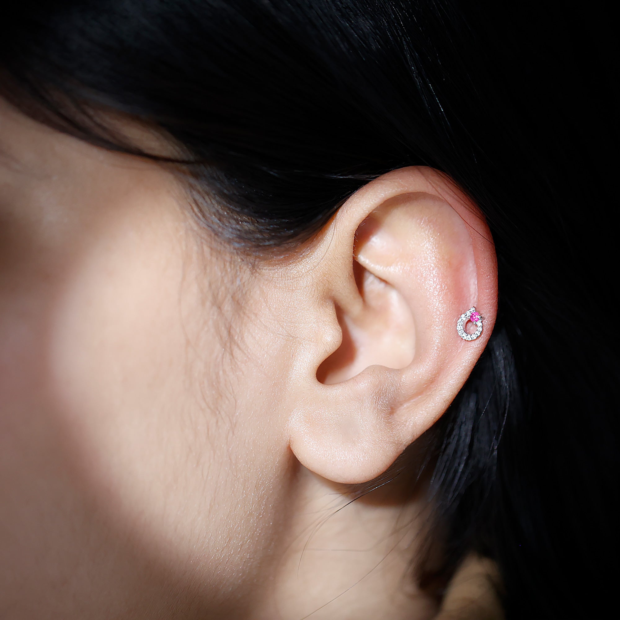 Round Ruby and Moissanite Unique Helix Earring