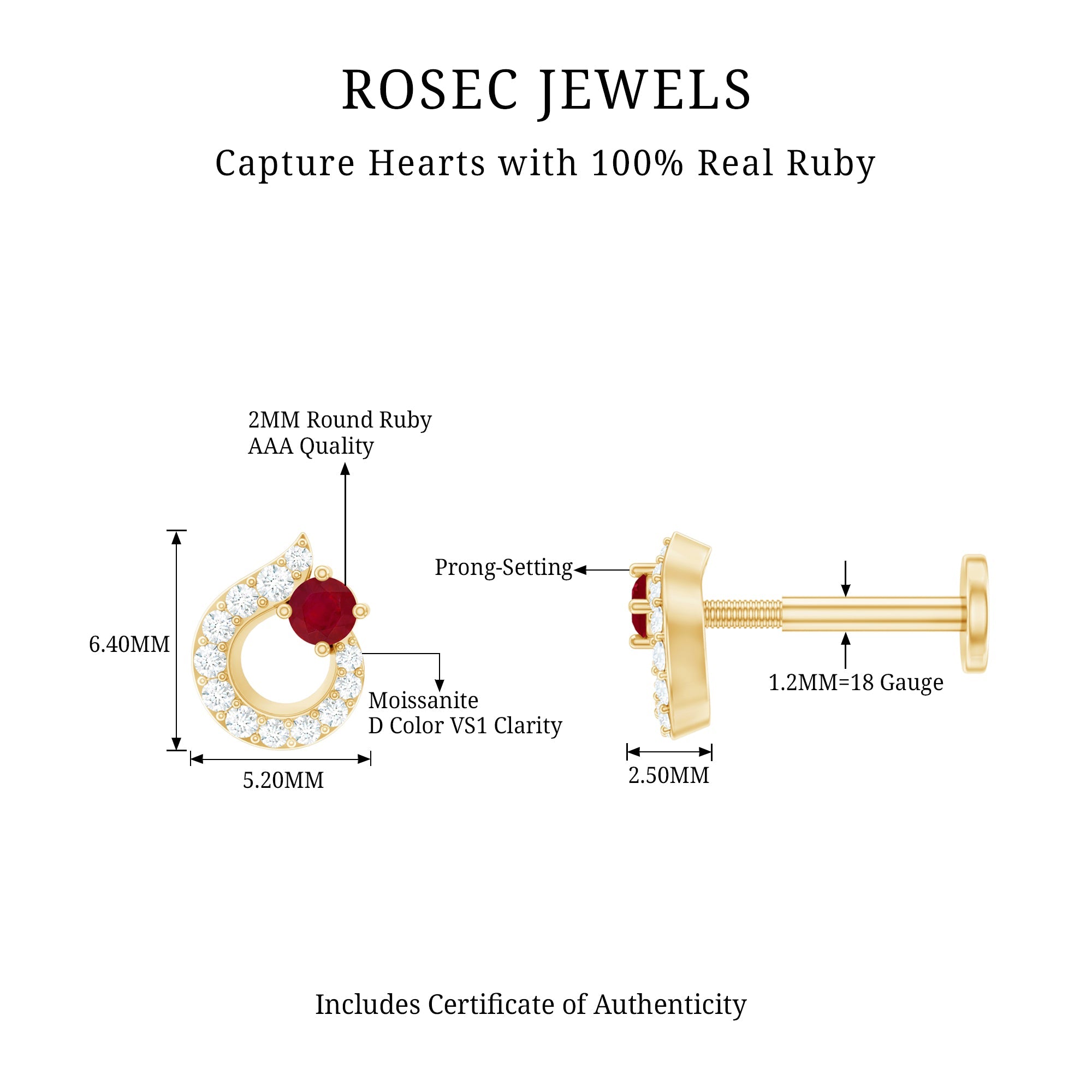 Round Ruby and Moissanite Unique Helix Earring
