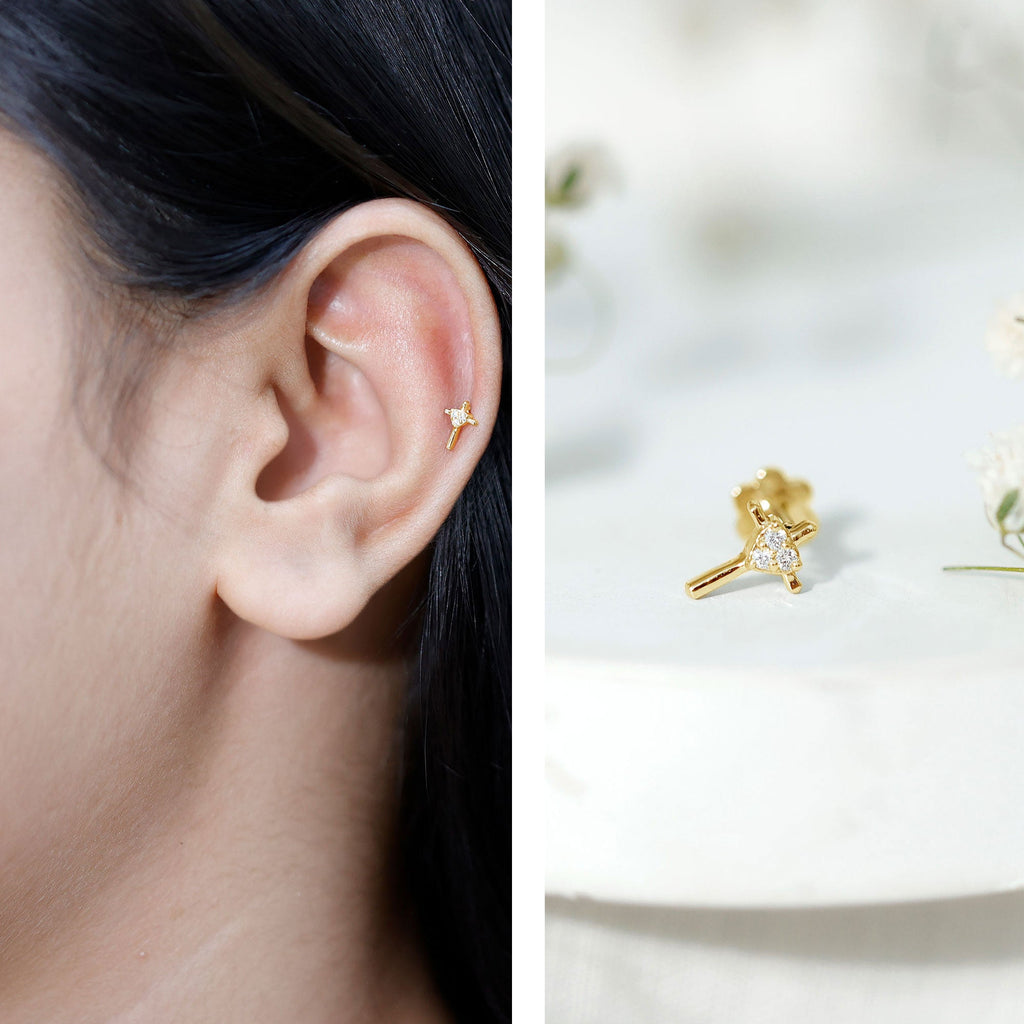 Round Natural Diamond Gold Cross Helix Earring