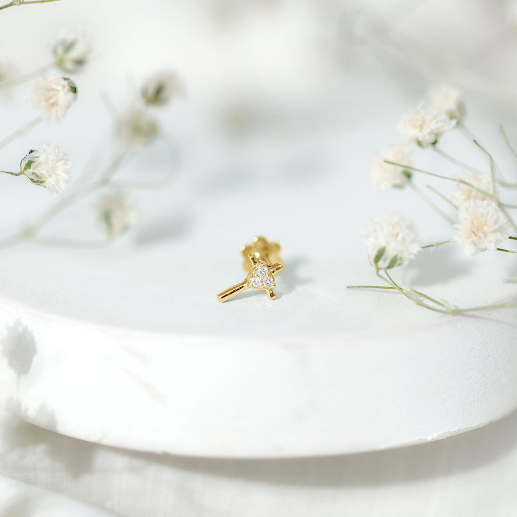 Round Natural Diamond Gold Cross Helix Earring