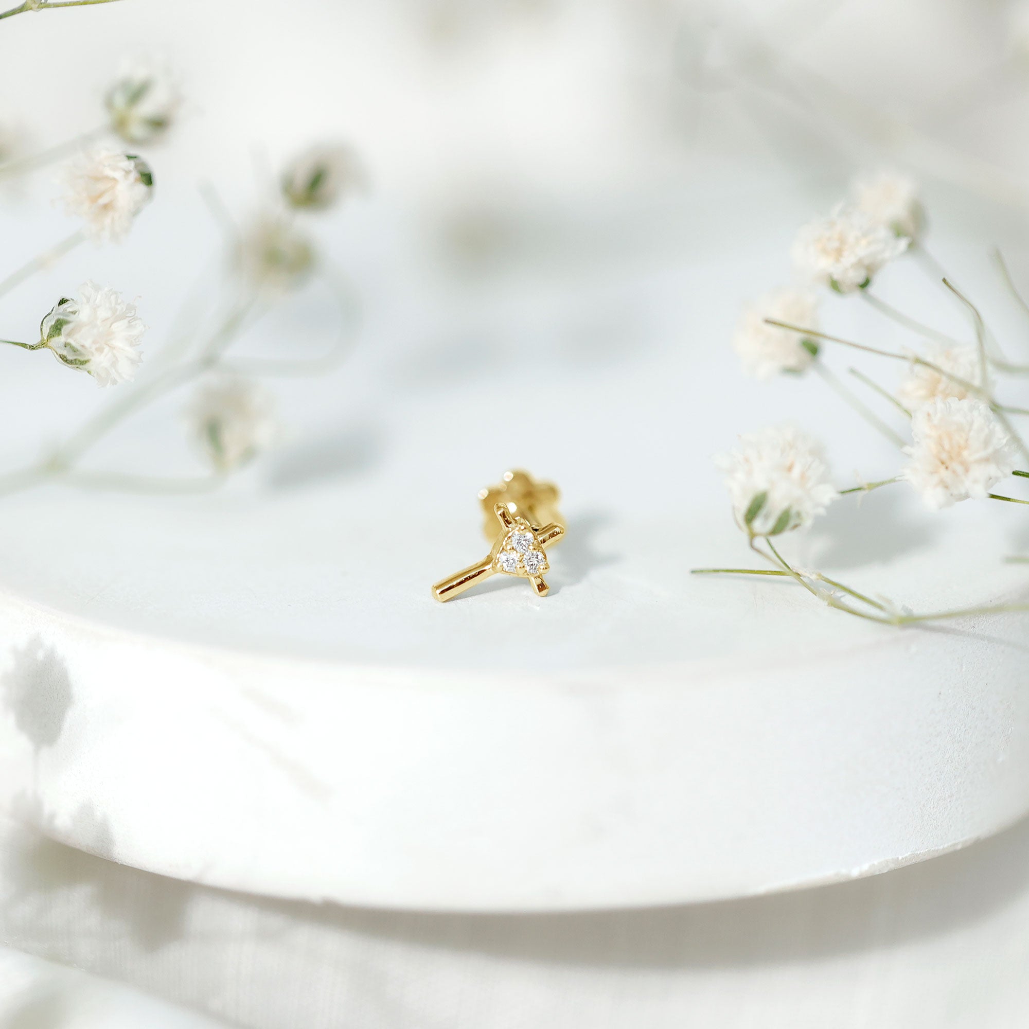 Round Natural Diamond Gold Cross Helix Earring