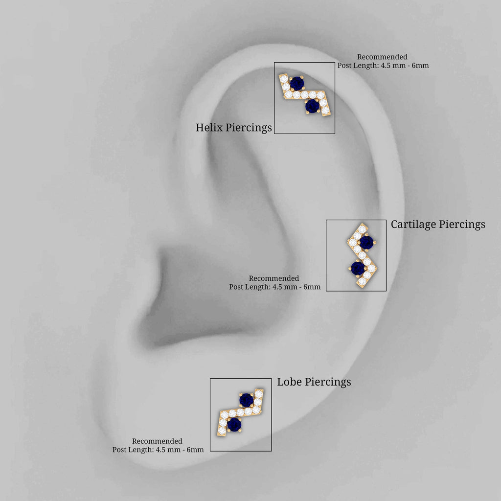 Blue Sapphire and Moissanite Zig Zag Helix Earring in Gold