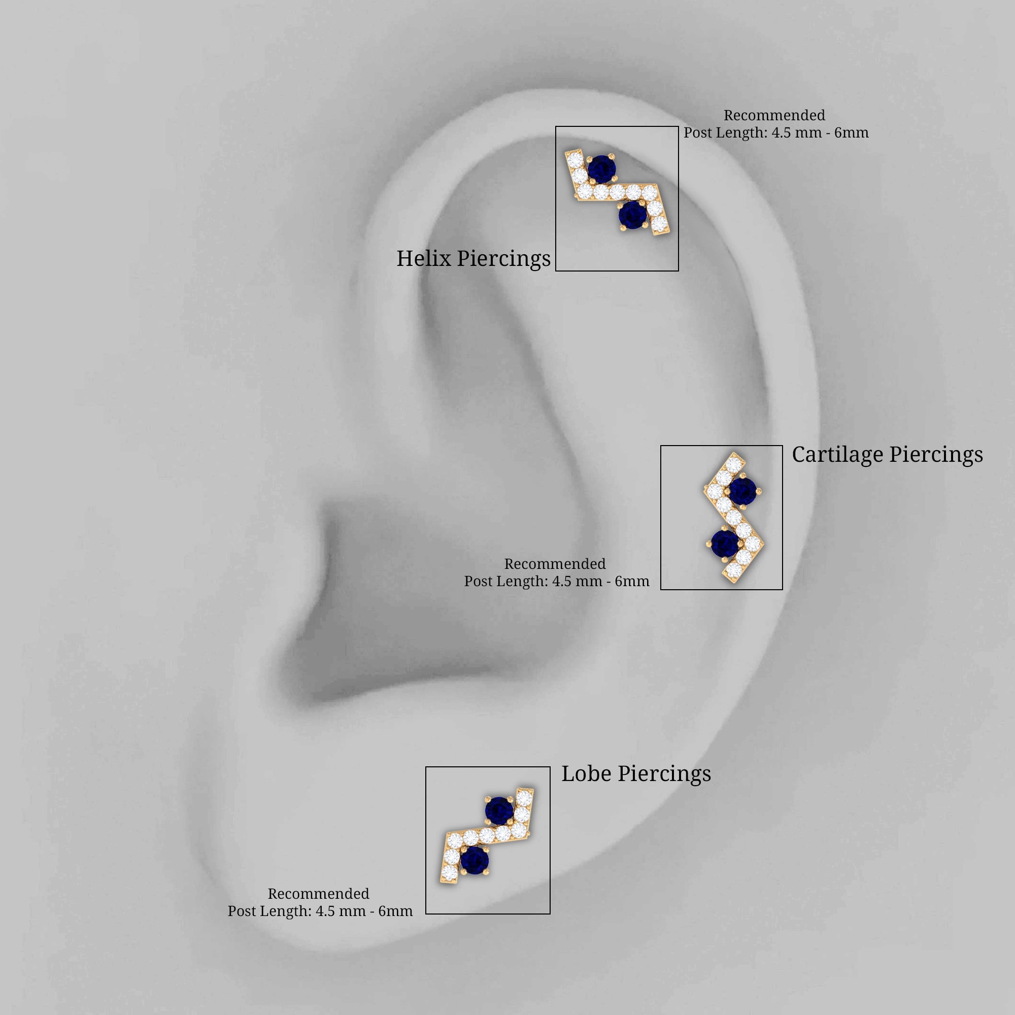 Blue Sapphire and Moissanite Zig Zag Helix Earring in Gold