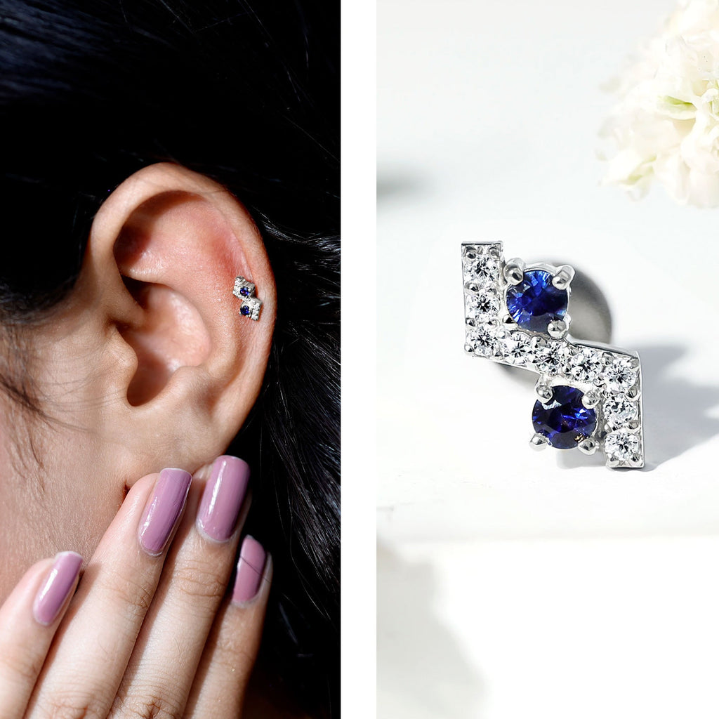 Blue Sapphire and Moissanite Zig Zag Helix Earring in Gold