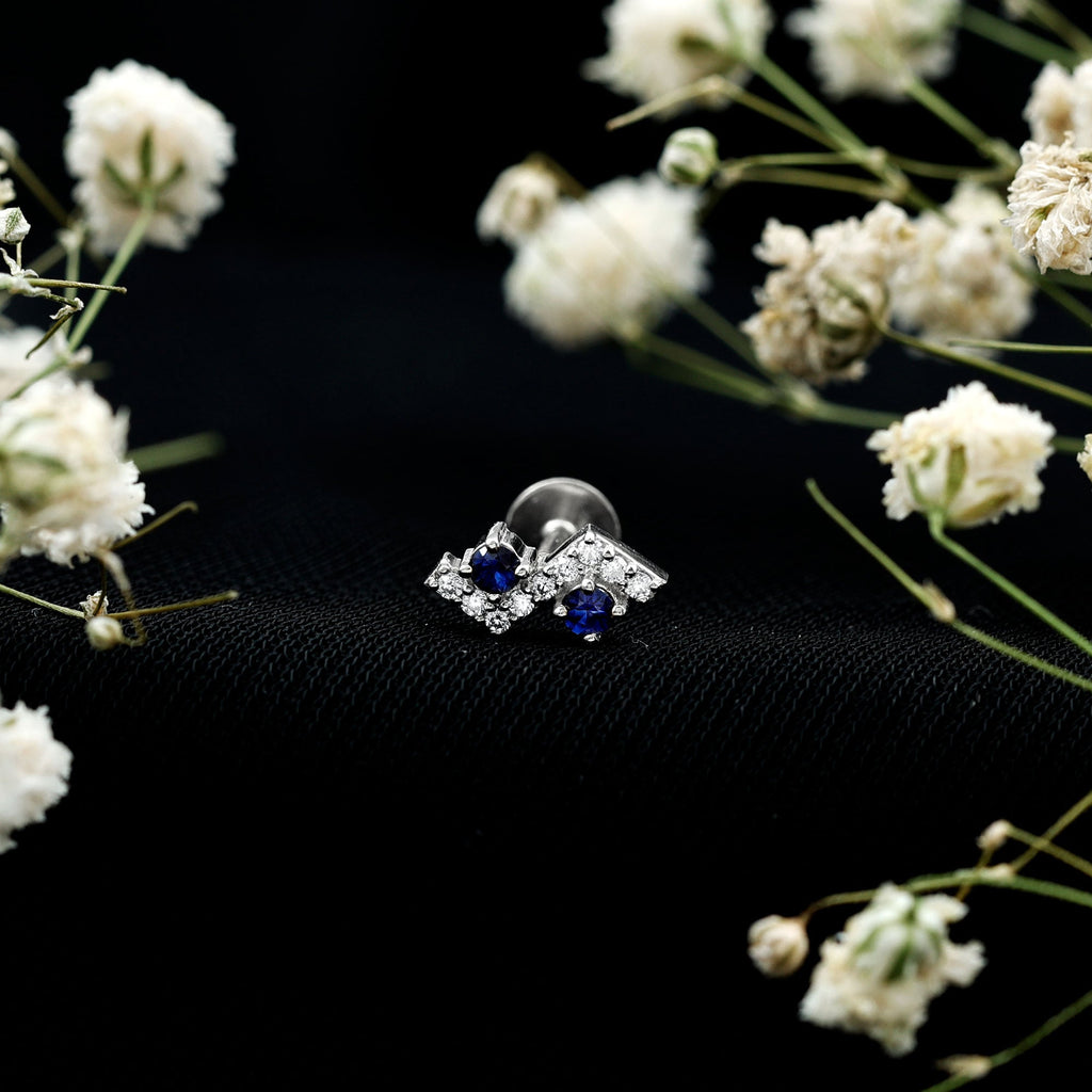 Blue Sapphire and Moissanite Zig Zag Helix Earring in Gold