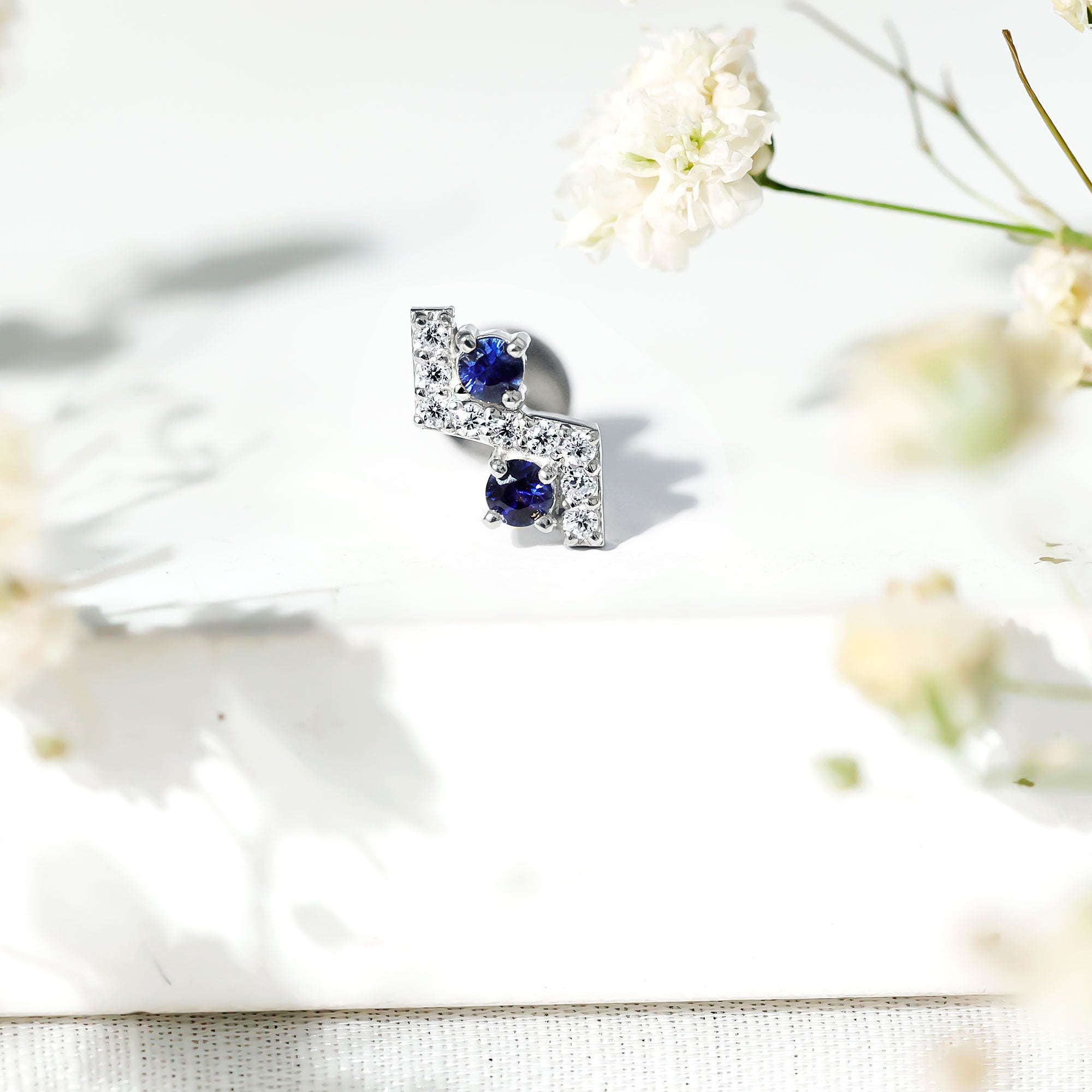 Blue Sapphire and Moissanite Zig Zag Helix Earring in Gold