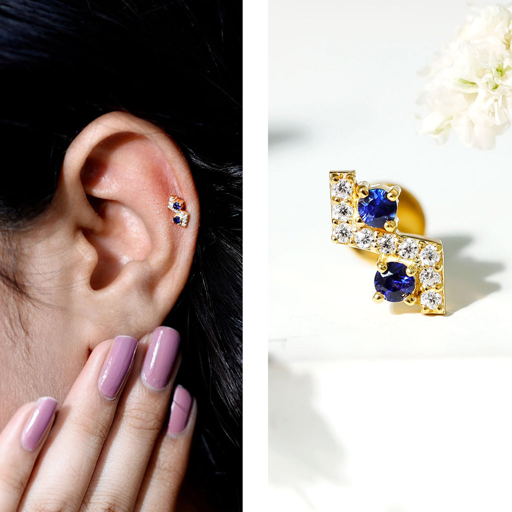 Blue Sapphire and Moissanite Zig Zag Helix Earring in Gold