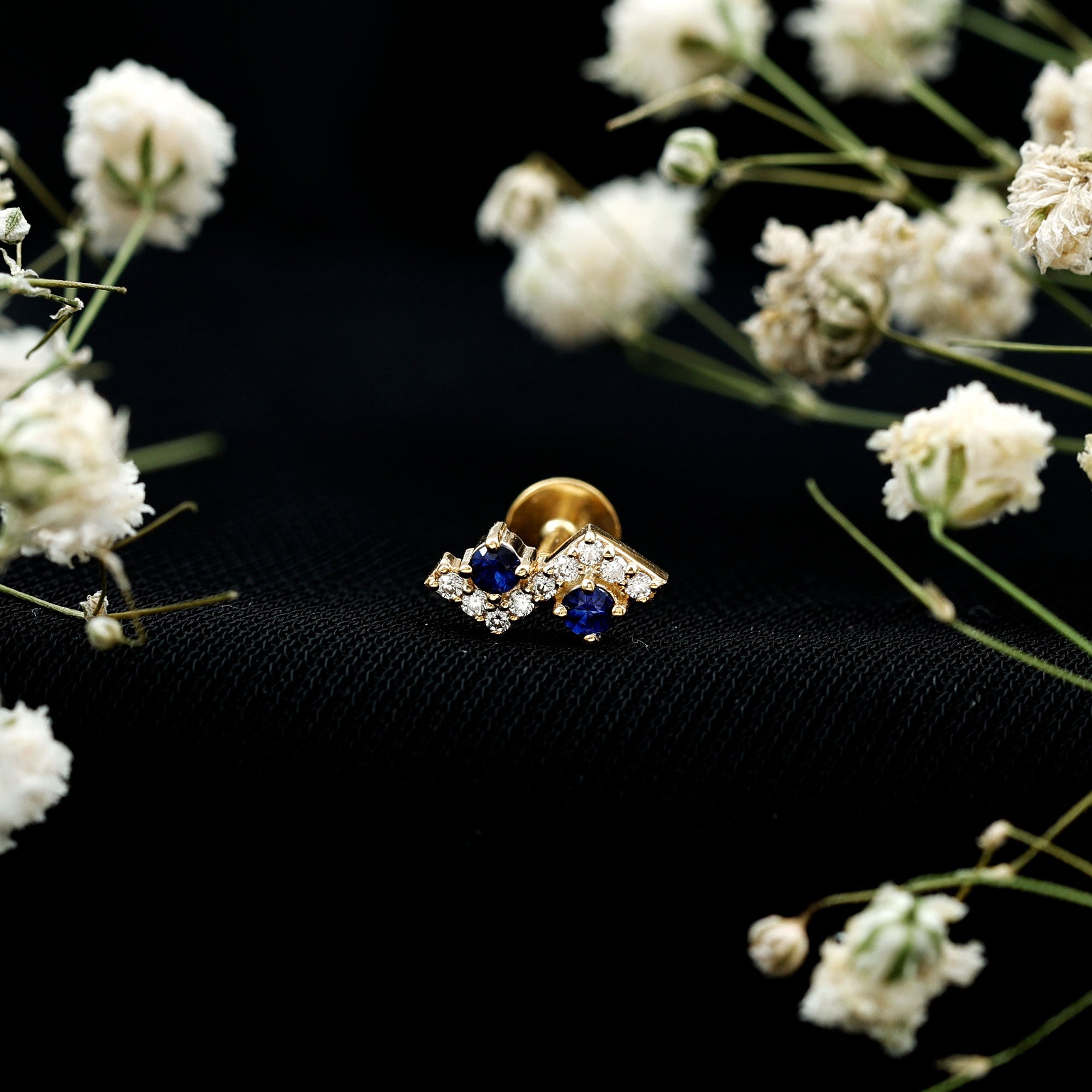 Blue Sapphire and Moissanite Zig Zag Helix Earring in Gold