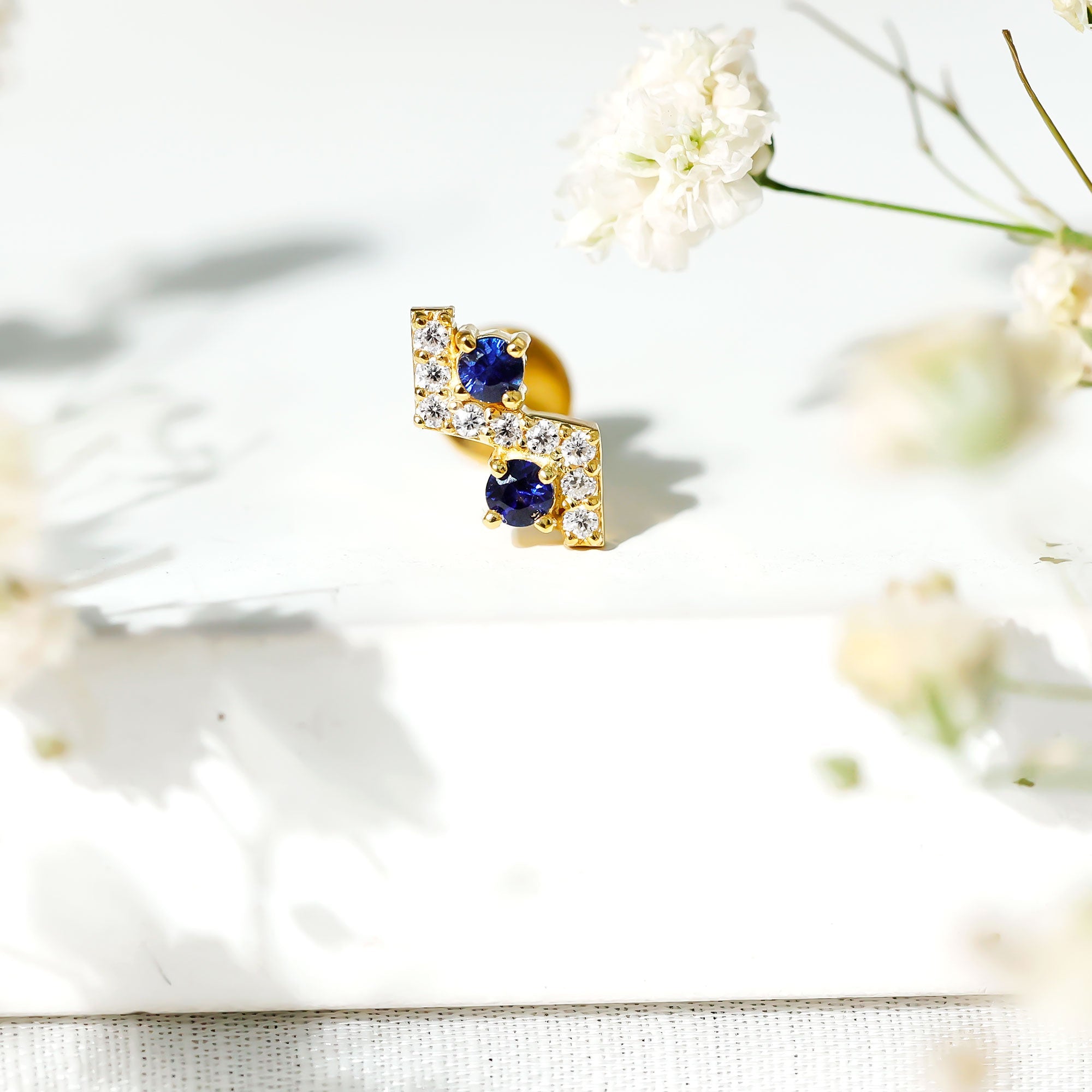 Blue Sapphire and Moissanite Zig Zag Helix Earring in Gold