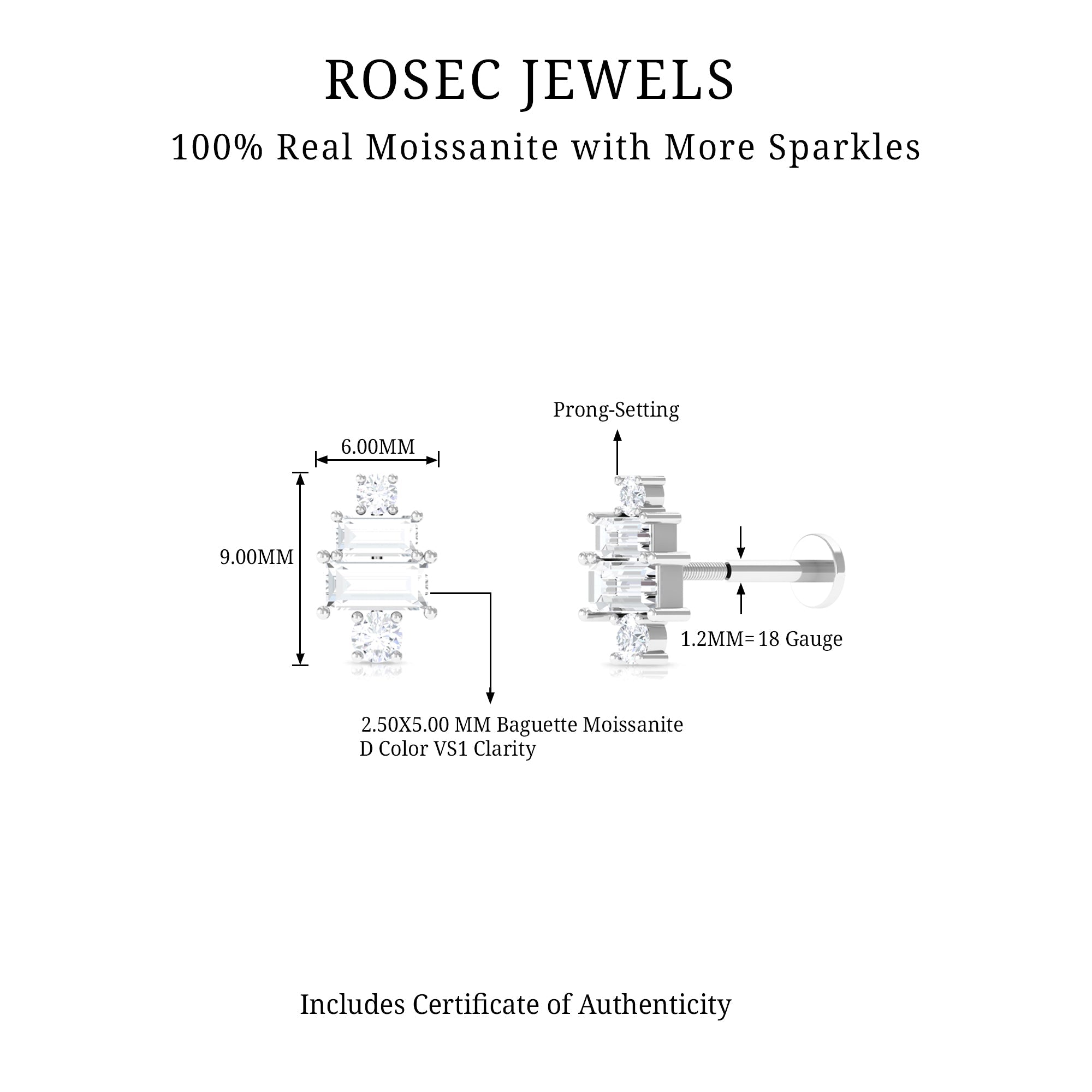 Baguette Moissanite Designer Earring for Helix Piercing