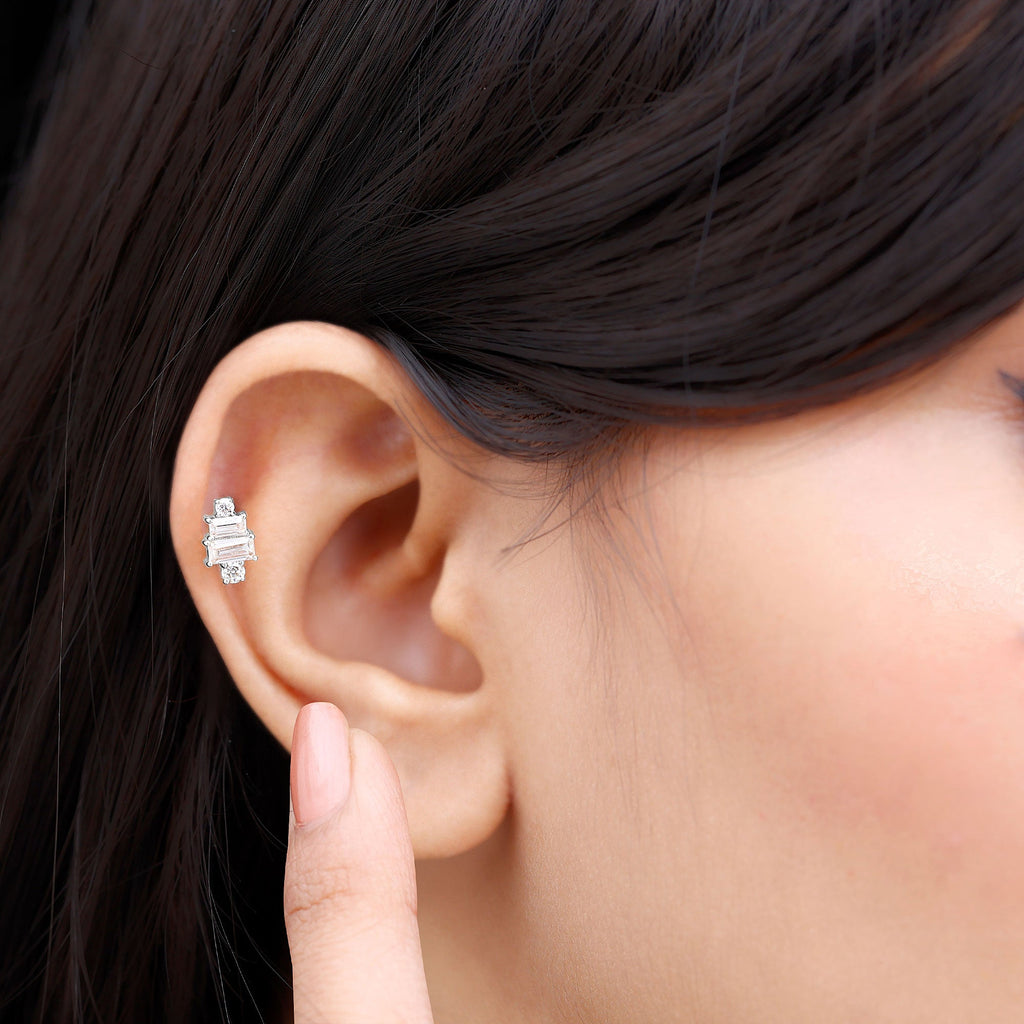 Baguette Moissanite Designer Earring for Helix Piercing